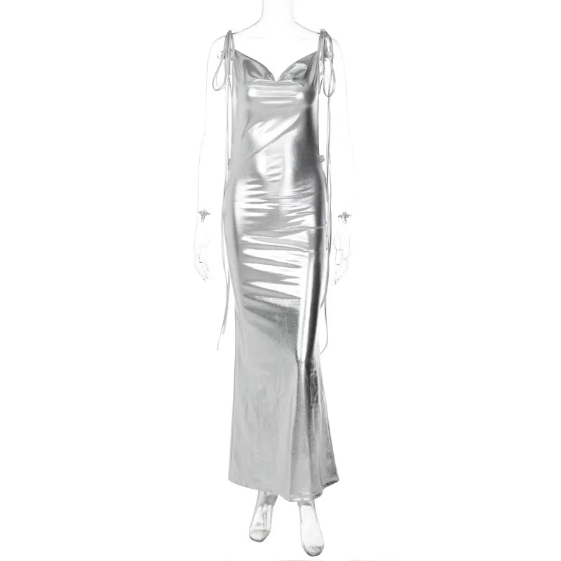 **GACVGA Sexy Bandage Maxi Dress - Women's Silver Shiny Pleated Bodycon Backless Long Dress for Spring & Summer | Perfect for Streetwear, Night Out, and Party Occasions**
