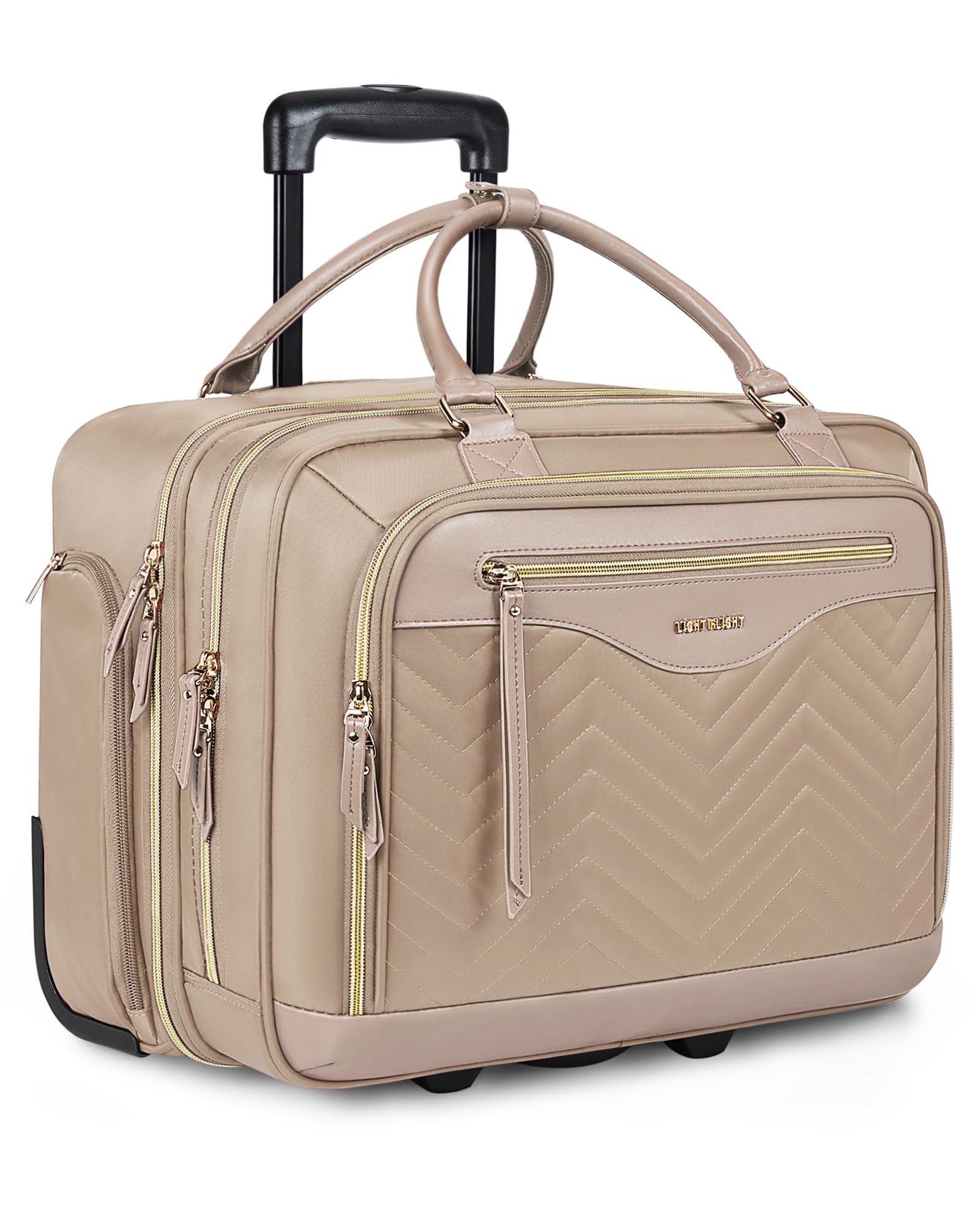 LIGHT FLIGHT 17.3 Inch Rolling Laptop Bag for Women - Wheeled Computer Briefcase with Telescopic Handle, Champagne - Perfect for Business Travel, Work Commute & Overnight Trips