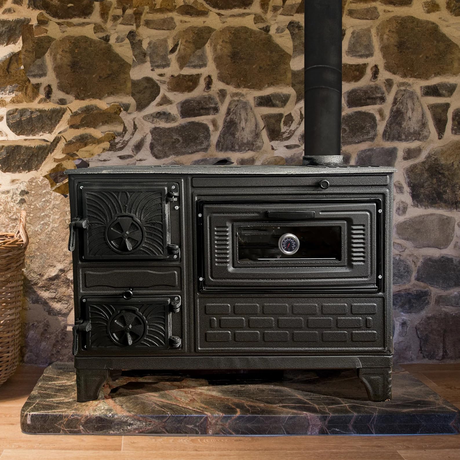 Premium Cast Iron Wood Burning Stove with Oven - Durable Baking Oven & Heating Stove with Built-in Thermometer, Brick Lined Fireplace for Home, Cabin & Outdoor Cooking - Matte Black Finish (Made in Turkey)