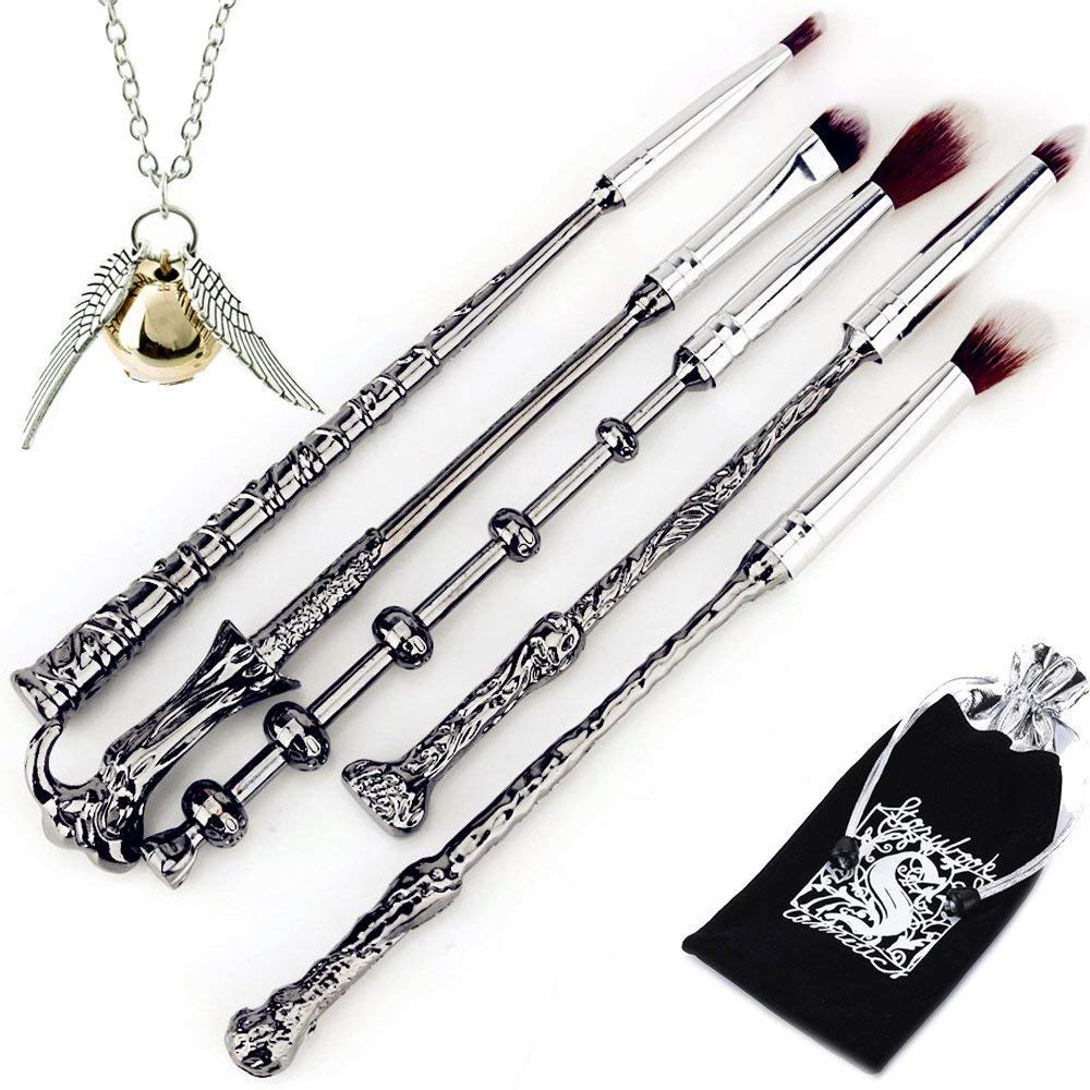 Harry Potter Makeup Brush Set - 5 Piece Magic Wand Brushes for Foundation, Eyeshadow, Eyeliner & Lip Makeup | Includes Golden Snitch Necklace | Perfect for Cosplay, Halloween & Potter-Themed Parties