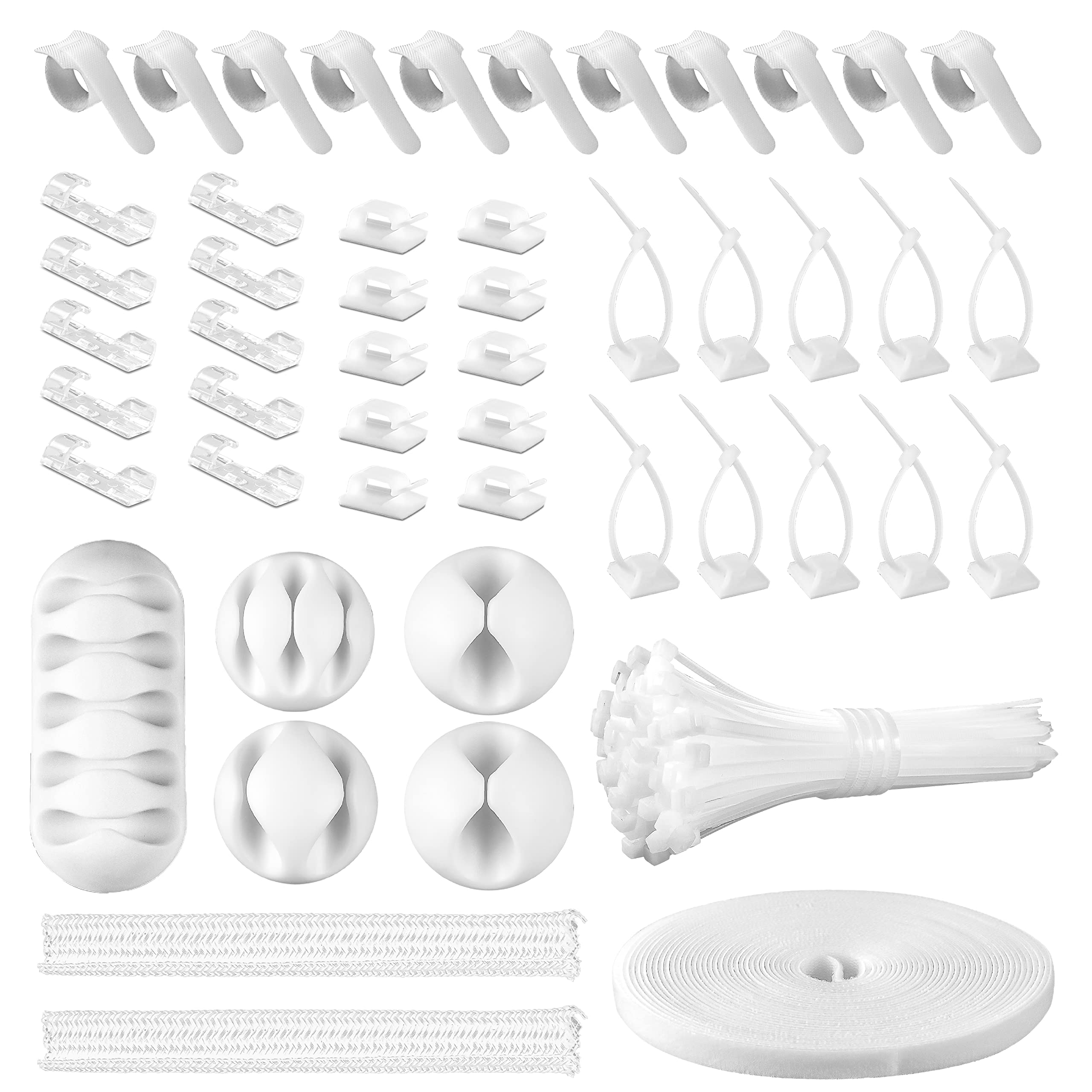 White Cable Management Organizer Kit - 2 Wire Sleeve Protectors, 41 Self-Adhesive Cable Clips, 10 Reusable Cable Ties + 2 Rolls, 100 Zip Ties for TV Computer Desk Cord Organization - Perfect for Home Office, Gaming Setup & Under Desk Wire Management