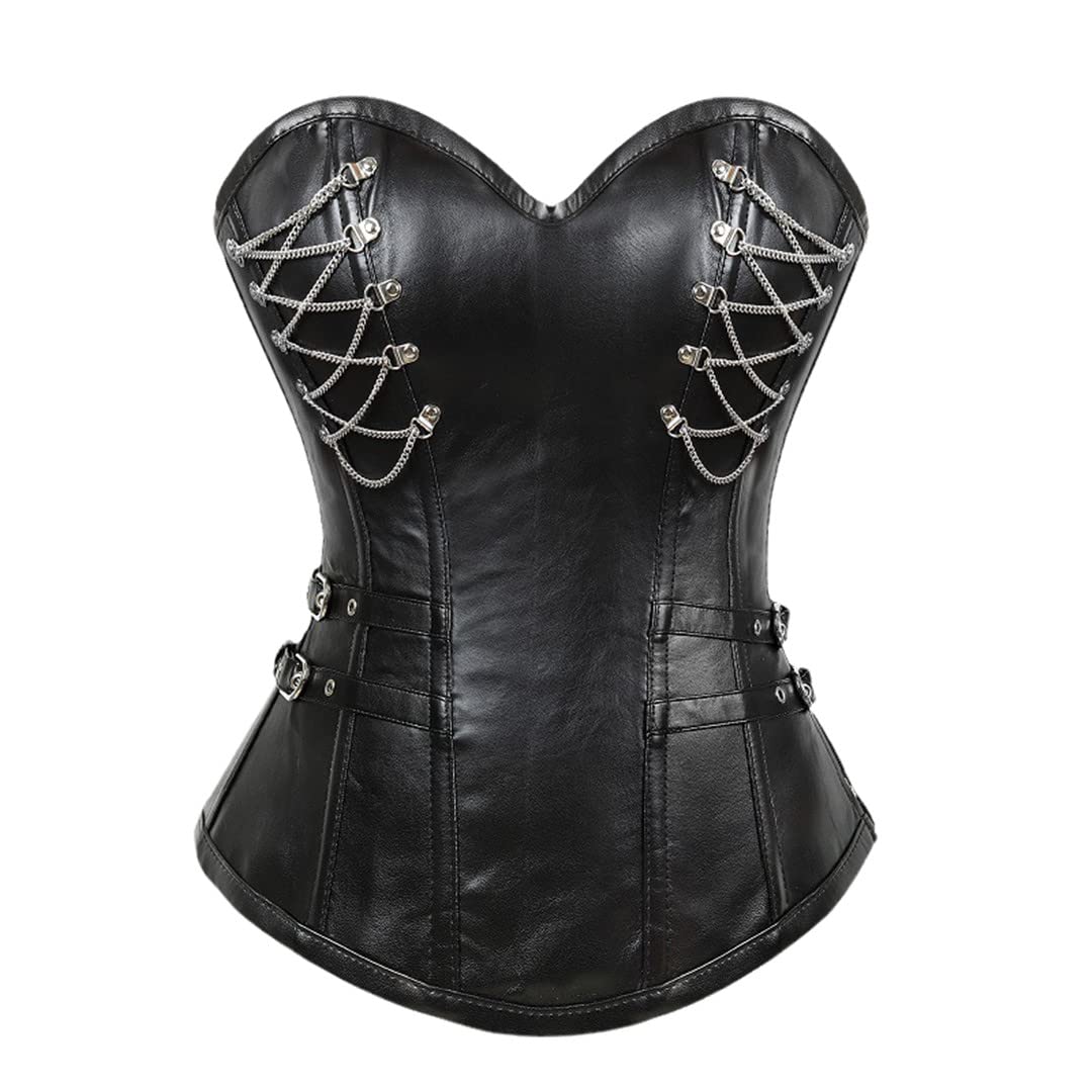 Steampunk Steel Boned Corset for Women - Gothic Faux Leather Waist Trainer & Body Shaper - Perfect for Cosplay, Halloween Costumes and Burlesque Outfits