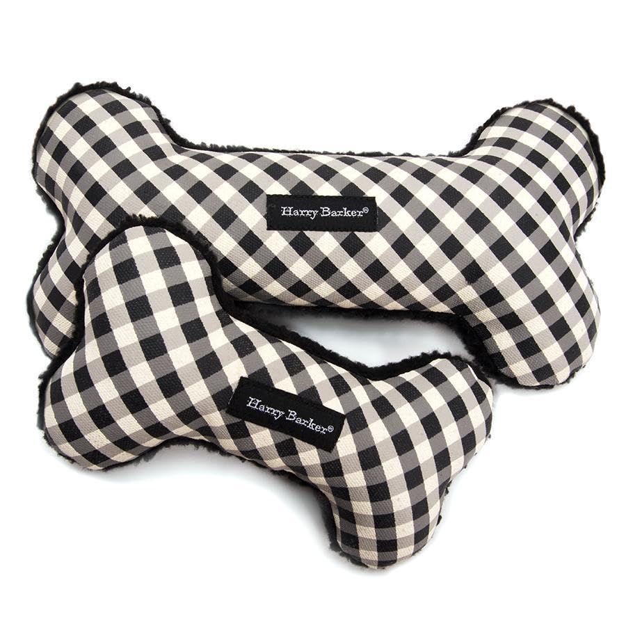 Gingham Bone Canvas Dog Toy - Small Black Chew Toy for Puppies & Small Dogs - Durable & Safe for Indoor & Outdoor Play