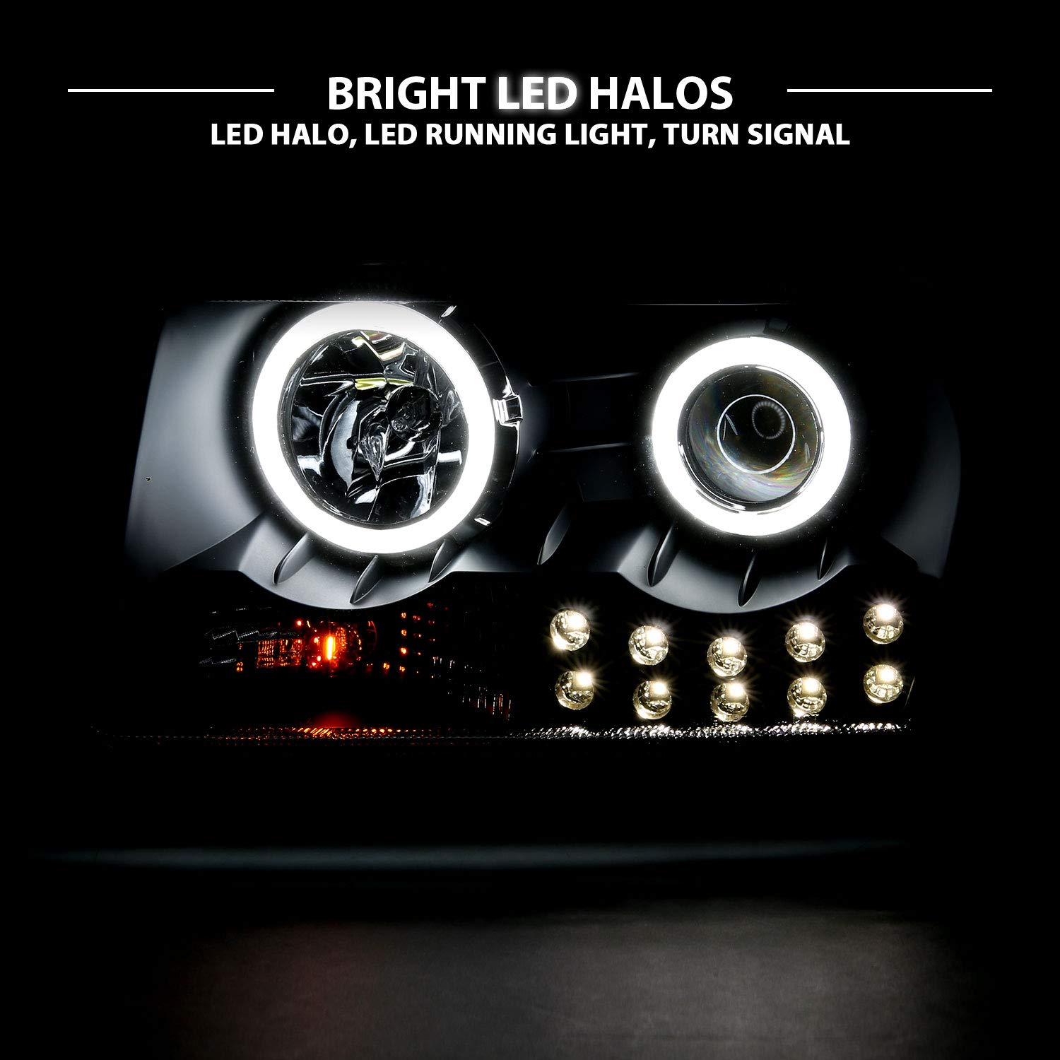 2005-2010 Chrysler 300 Black Replacement Headlight Assembly - Halogen Projector with Super Bright LED Halo & Bulbs (Pair) - Passenger & Driver Side - Improved Night Visibility & Style Upgrade for Daily Driving