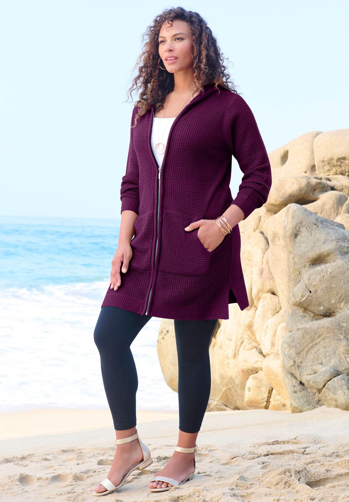 Roaman's Women's Plus Size Extra Long Waffle Zip Hoodie Sweater - Cozy Oversized Pullover for Casual Wear, Lounge & Cold Weather