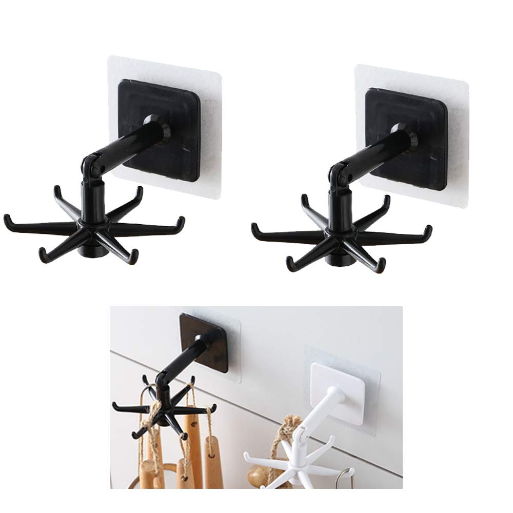 360° Rotatable Under Cabinet Kitchen Utensil Hanger - 2 Pack Space Saving No Drill Wall Mount Organizer with 6 Hooks for Spoons, Ladles & Cooking Tools - Perfect for Small Kitchens, RVs & Apartments (Black)