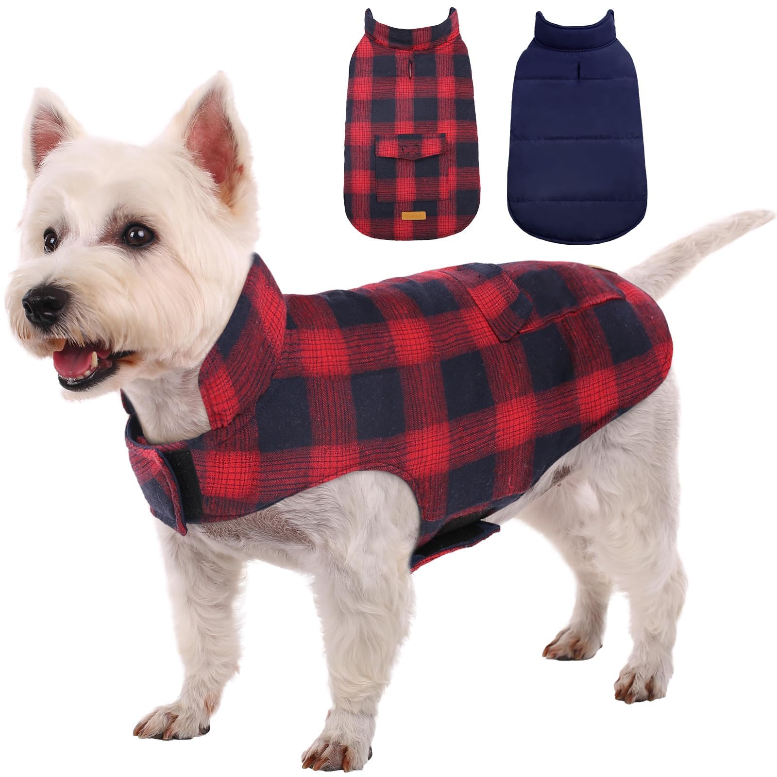 Kuoser Reversible Dog Winter Coat - Windproof & Warm British Style Puppy Jacket for Small, Medium & Large Dogs - Red (Perfect for Cold Weather Walks & Outdoor Adventures)