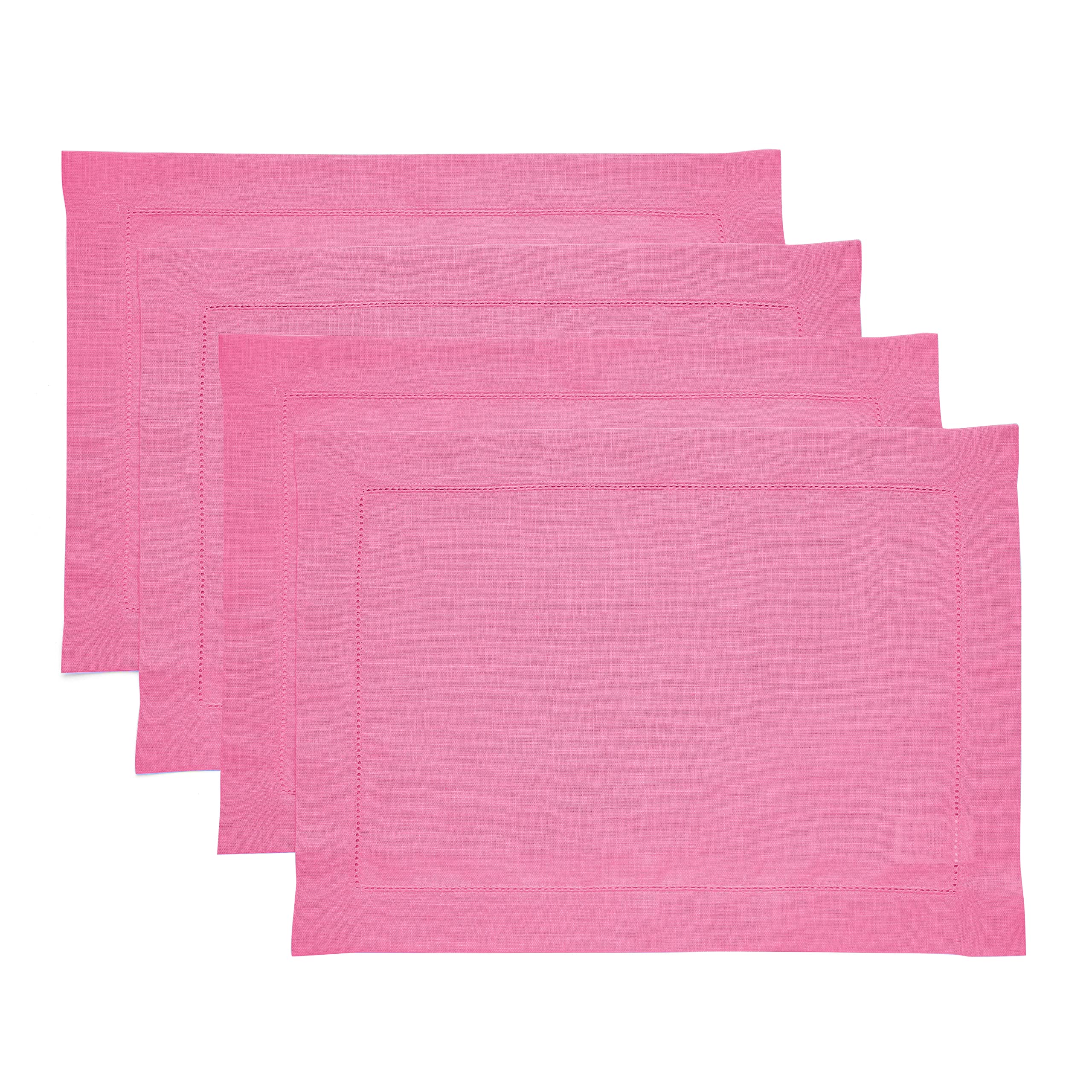 Premium 100% Pure Linen Placemats Set of 4 - Flamingo Pink Classic Hemstitch Design 14