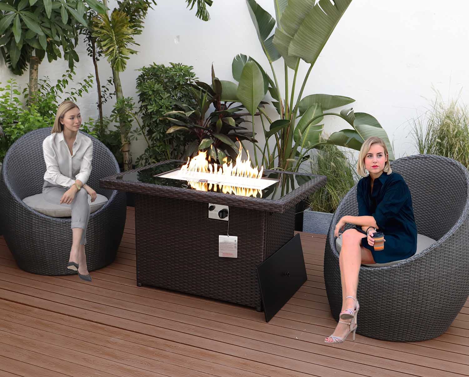 RADIATA 1-Piece PE Wicker Heated Patio Furniture Sectional with 55,000 BTU Propane Fire Pit Table - Outdoor All-Weather Wicker Conversation Set for Winter & Spring (Brown) - Perfect for Backyard Gatherings, Poolside Relaxation, and Cozy Evenings