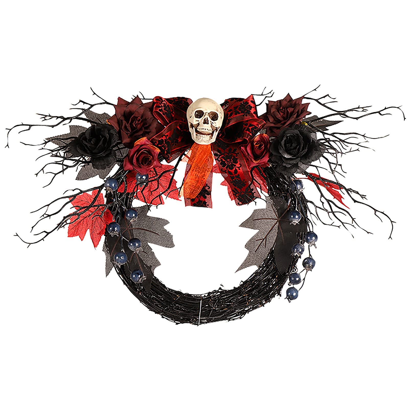 Spooky Halloween Wreath for Front Door - Gothic Skull & Faux Flower Decor with Wood Sign - Indoor/Outdoor Party Decorations for Windows, Walls & Home - Perfect for Halloween Parties, Haunted Houses & Seasonal Home Decor