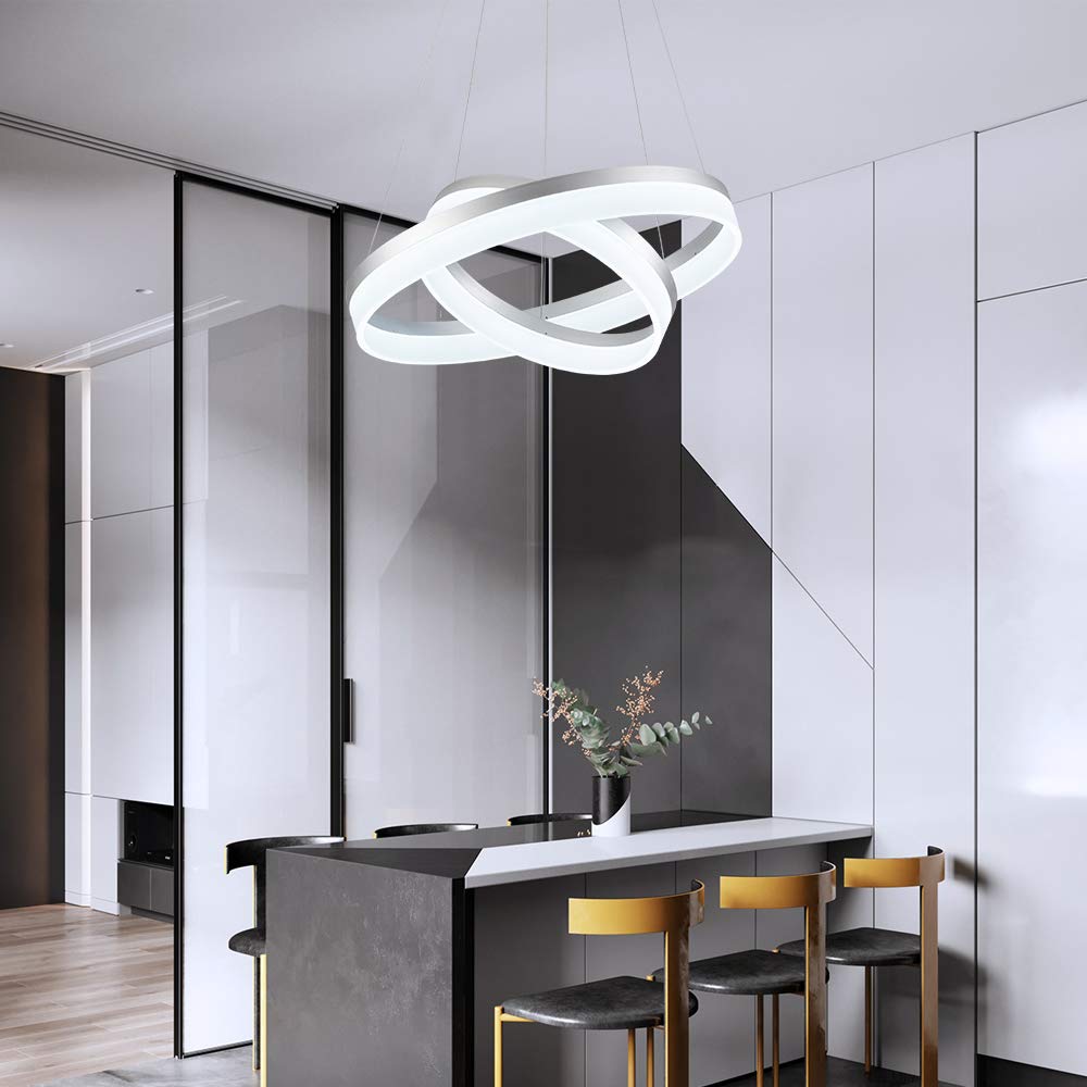 Modern LED Silver Chandelier - 2 Ring Dimmable Pendant Light Fixture, 6000K Cool White for Living Room, Bedroom, Kitchen Island, Restaurant & Dining Room | Elegant Lighting for Home Decor & Commercial Spaces