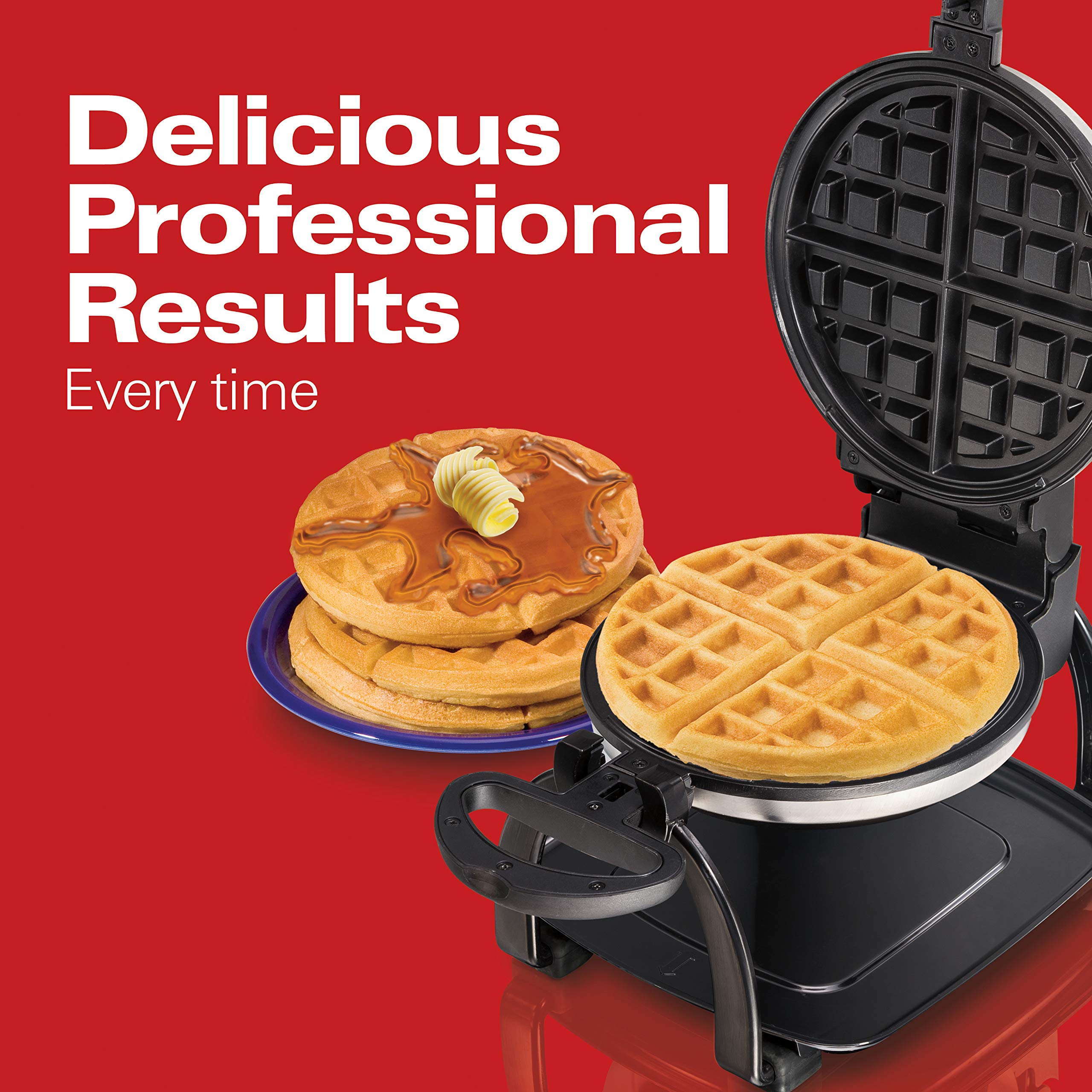 Hamilton Beach 26010R Flip Belgian Waffle Maker with Adjustable Browning Control - Non-Stick Grids, Indicator Lights & Drip Tray - Stainless Steel Waffle Iron for Perfect Breakfast, Brunch or Dessert Waffles