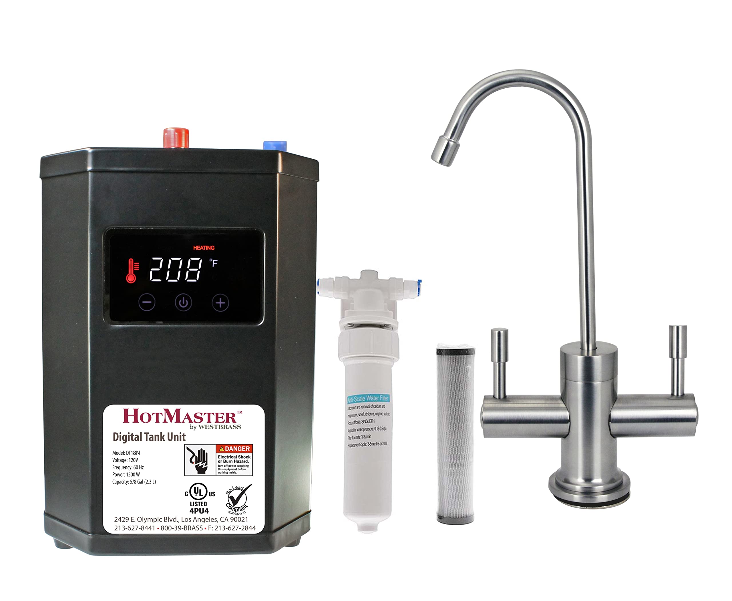 Westbrass DT1F2051-07 Contemporary 10-Inch Hot and Cold Faucet with HotMaster DigiHot Digital Tank System - Satin Nickel Finish for Kitchen, Office, or Home Water Dispenser