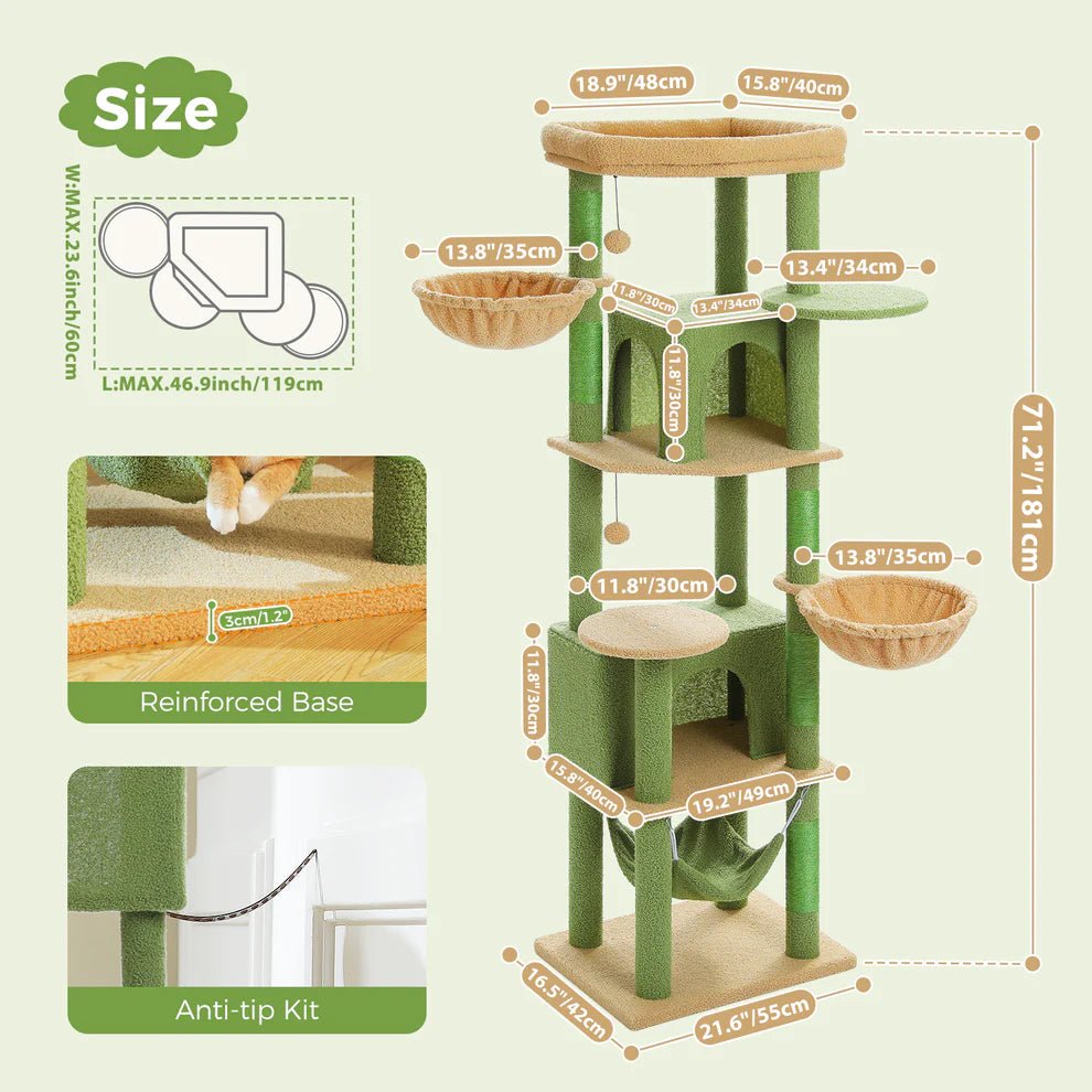 Premium Large Cat Tree Condo for Indoor Cats - 71 Inches Tall, Brown & Green - Perfect for Play, Climbing & Scratching in Home or Office