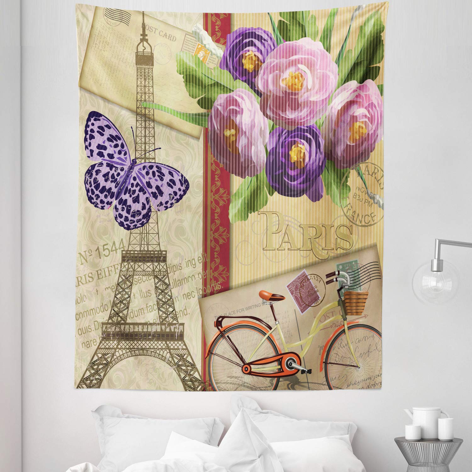Ambesonne Paris Tapestry - Twin Size Eiffel Tower Postcards Wall Hanging with Abstract Stripes, 68x88 Inch Multicolor Bedspread & Wall Decor | Perfect for Bedroom, Dorm, Living Room & Home Decoration