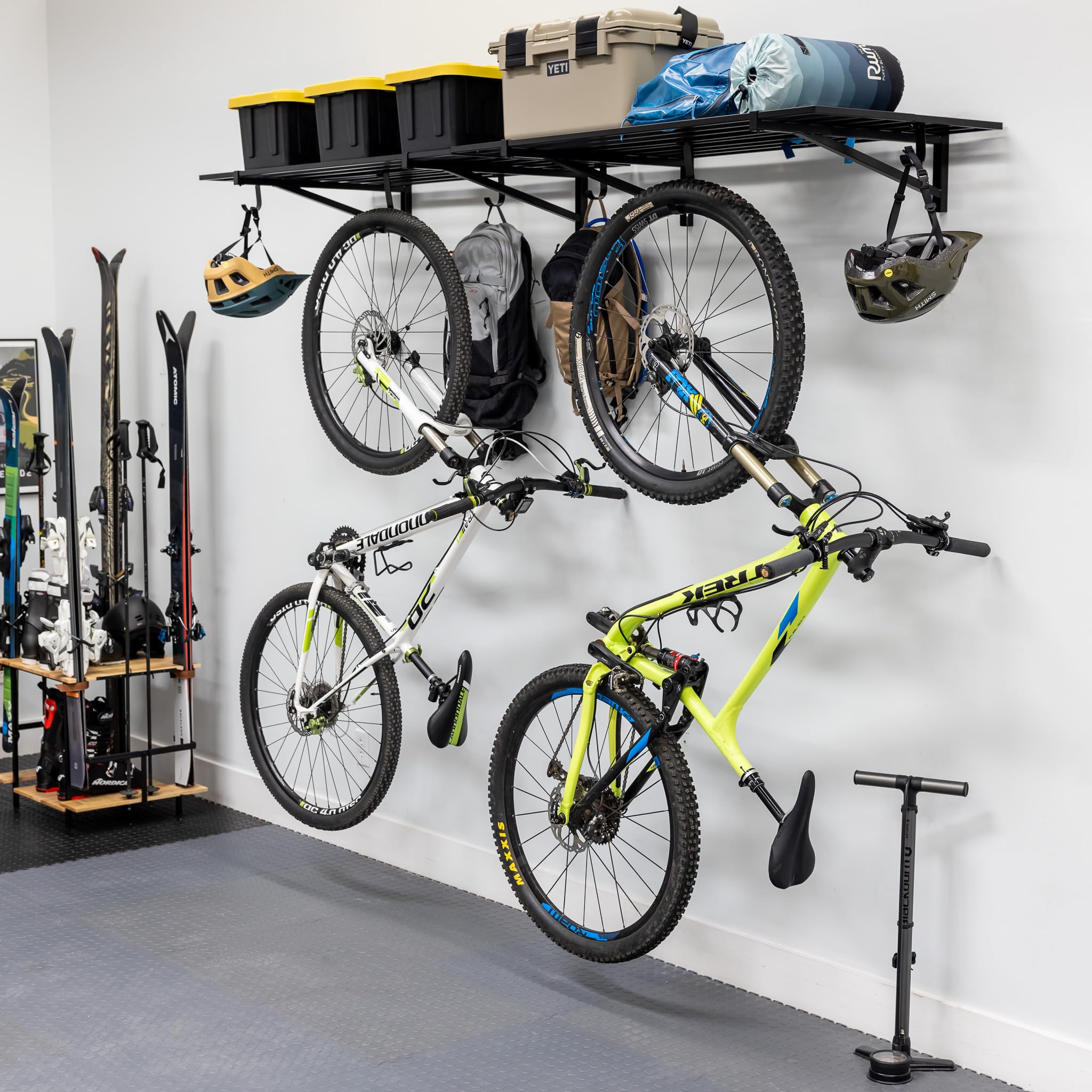 StoreYourBoard 2 Pack Heavy Duty Garage Wall Shelves - 2' x 4' Wall Mount Storage Shelf with Hooks, Holds 200 lbs Each - Perfect for Bike, Ladder, Tool & Sports Equipment Organization