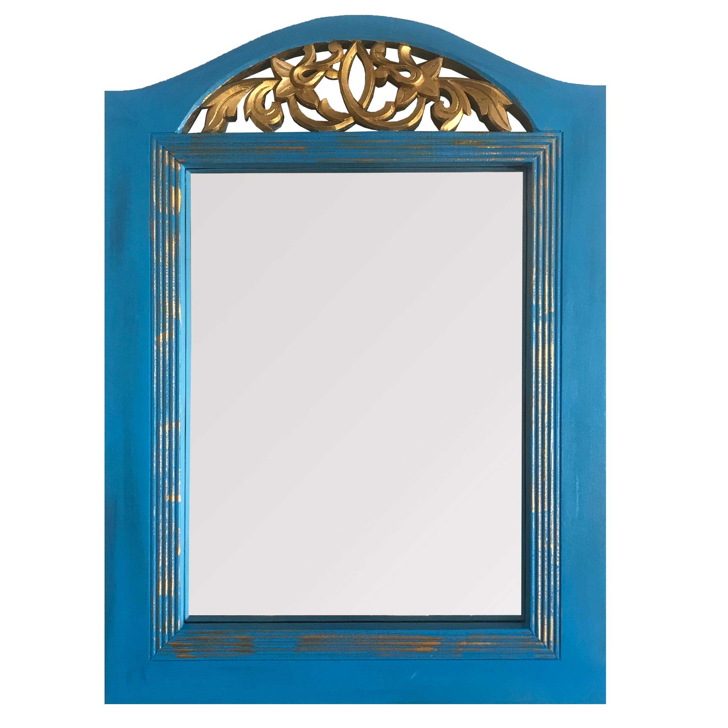 French Style Blue Patina Large Vanity Mirror - Hand Carved Wooden Framed Wall Mirror for Bedroom & Living Room Decor | Vintage Home Accent for Dressing Table, Entryway & Bathroom