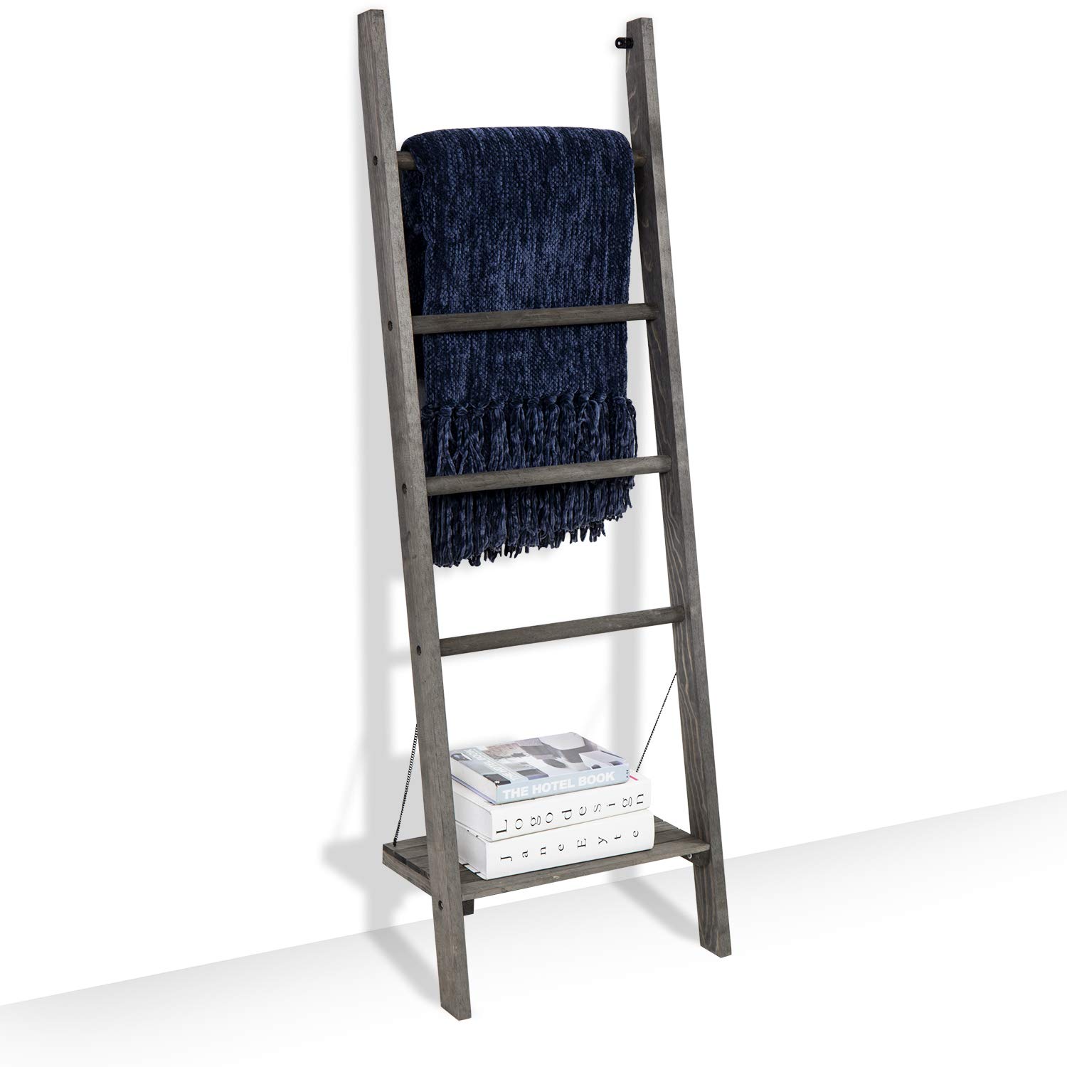 MyGift 4-Tier Wooden Blanket Ladder - Rustic Blanket Holder & Quilt Hanging Rack with Bottom Shelf - Wall Mount Towel Rack - Vintage Gray - Perfect for Living Room, Bedroom, or Bathroom Storage & Organization