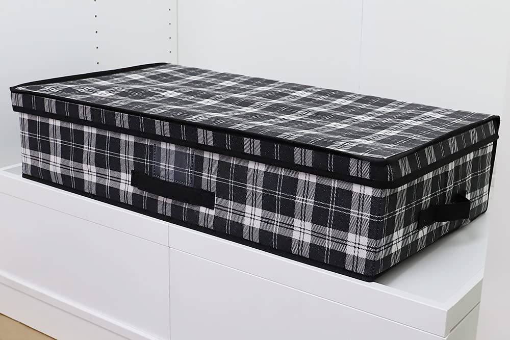Breathable Non-Woven Fabric Under Bed Storage Box with Label Window | White Black & Grey Plaid Design | Sturdy Fiberboard Construction for Home Organization | Perfect for Seasonal Clothes, Blankets & Bedding Storage