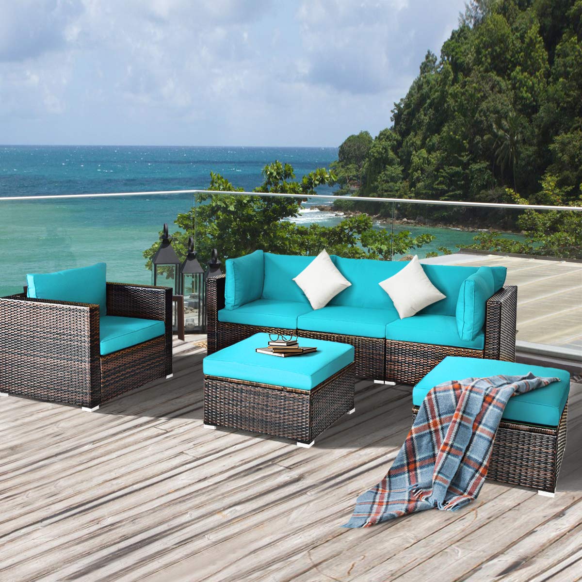 HappyGrill 6-Piece Patio Conversation Set - Outdoor Rattan Wicker Sectional Sofa with Cushions, Coffee Table & Ottoman - Perfect for Backyard, Garden, Poolside & Deck Relaxation