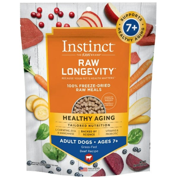 Instinct Raw Longevity Beef Recipe 100% Freeze-Dried Adult Dog Food for Senior Dogs 7+ Years - 16oz Bag | High-Protein Natural Nutrition for Aging Canines | Perfect for Mealtime & Training Treats