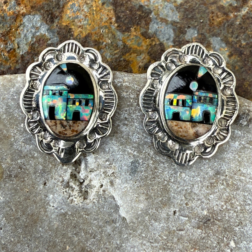 Sterling Silver Opal Jasper & Jet Inlay Pueblo Landscape Pierced Earrings for Women | Handmade Native American Jewelry | Perfect for Boho, Festival & Everyday Wear