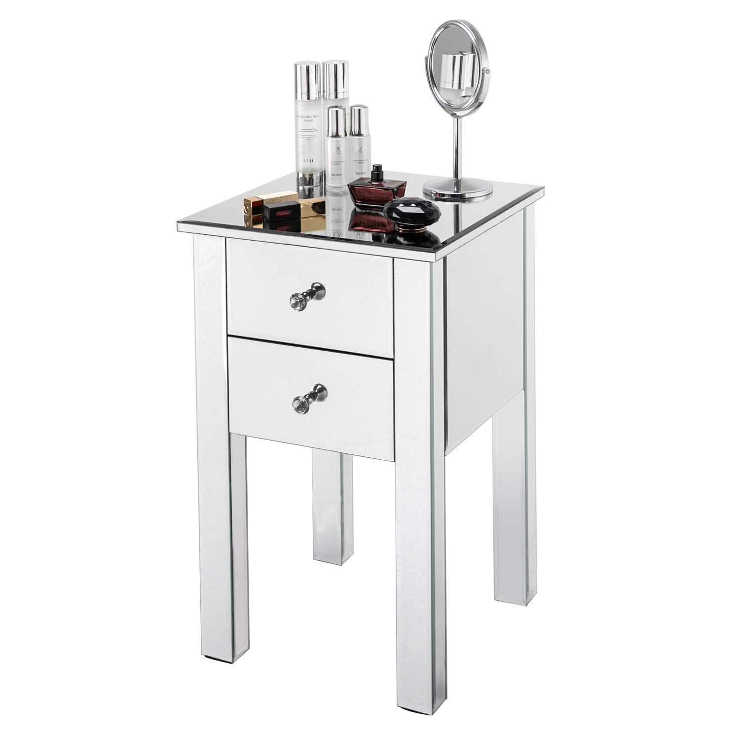 Mirrored Nightstand with 2 Drawers - Silver End Table with Crystal Handles for Bedroom & Living Room | Elegant Accent Table for Bedside, Sofa Side & Dressing Area