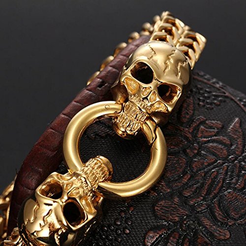 Gothic Men's Stainless Steel Skull & Lion Head Biker Chain Bracelet - Gold & Silver Tone Curb Link Jewelry for Motorcycle Enthusiasts | Perfect for Biker Gangs, Rock Concerts & Gothic Fashion