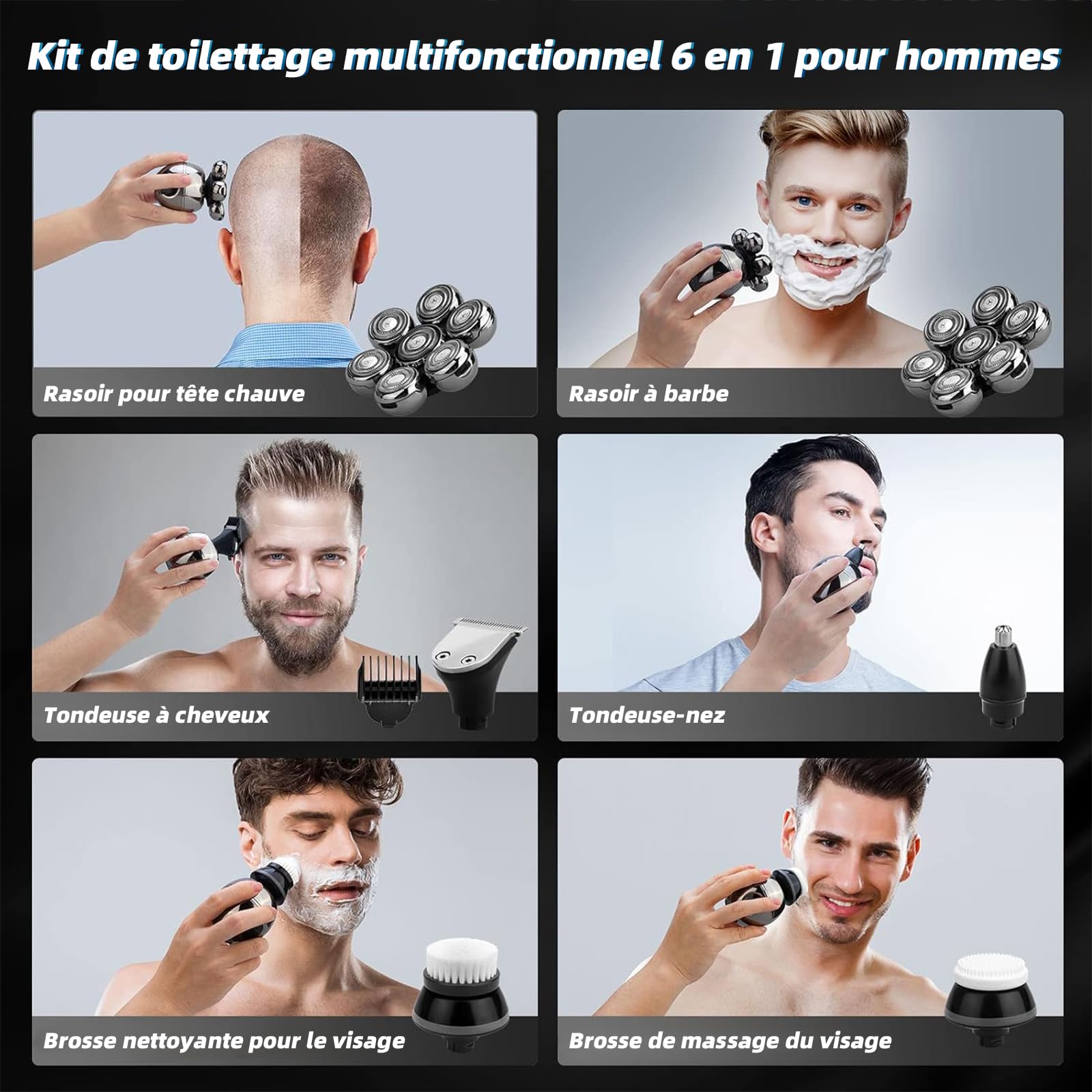 Rasoir Electrique 5 en 1 pour Hommes - Tondeuse Cheveux 7D Rotative, IPX7 Étanche, Rechargeable USB-C, Écran LED, Utilisation Sec et Humide - Idéal pour Voyage, Maison et Bureau