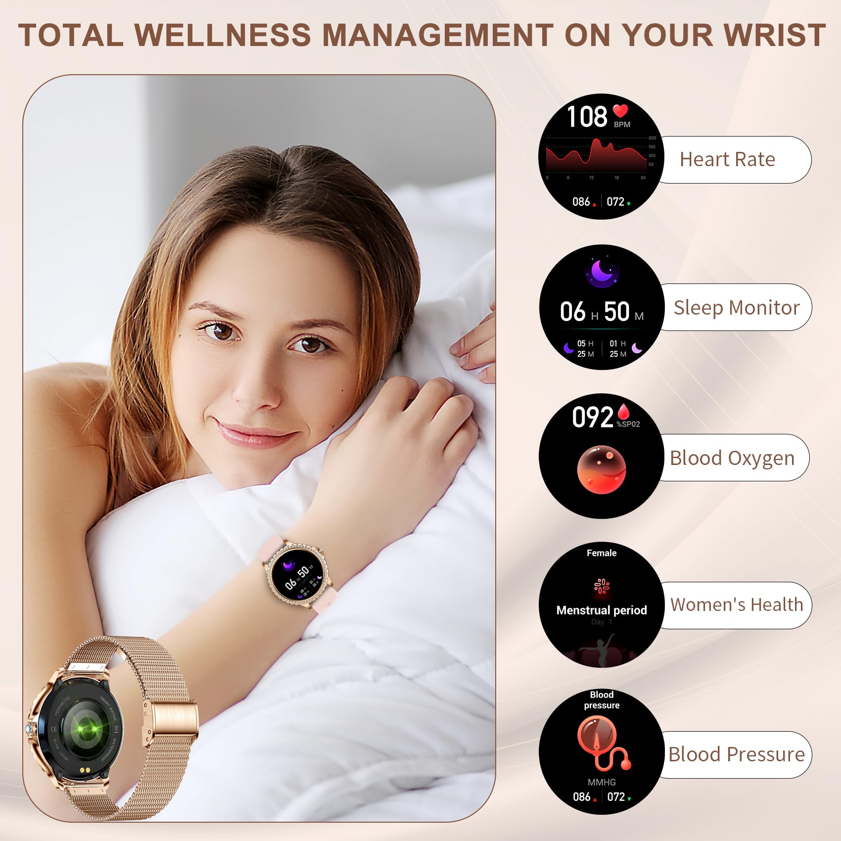 Smart Watch for Women - Fitness Tracker with Heart Rate, Blood Oxygen & Sleep Monitor, Step & Calorie Counter, Waterproof, Call Function, Compatible with iOS/Android - Perfect for Workouts, Running & Daily Activity Tracking