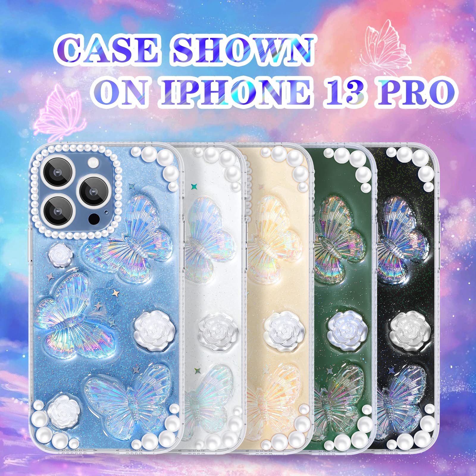 Goocrux 4-in-1 iPhone 13 Pro Case for Women - Glitter Butterfly Sequin Sparkle Clear Phone Cover with Chain, Camera Protector & Screen Protector | Cute Girly Design for Everyday Use & Special Occasions