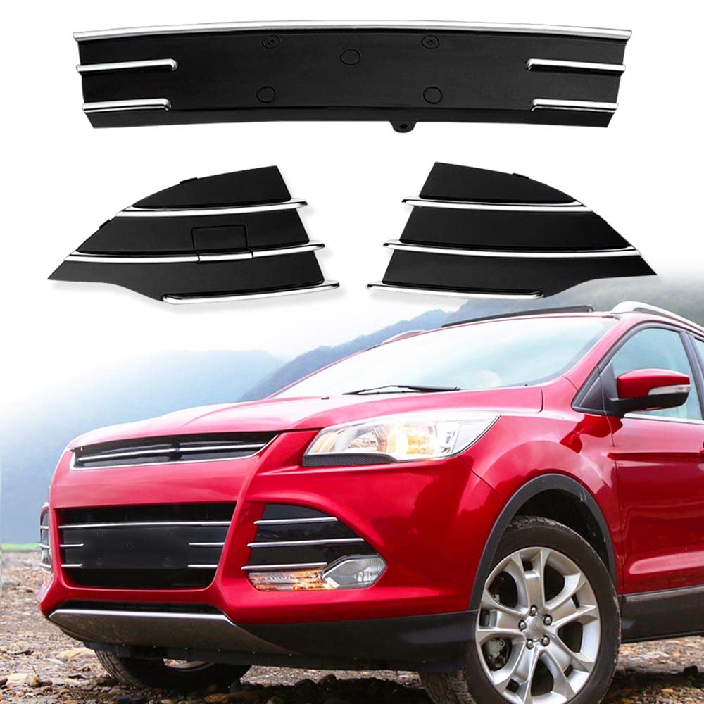 3Pcs Chrome & Black Front Bumper Lower Grille Fog Light Covers Compatible with Ford Escape/Kuga 2013-2016 | Durable Triangle Grill Cover for Enhanced Style & Protection | Perfect for Off-Roading, Car Shows & Daily Driving