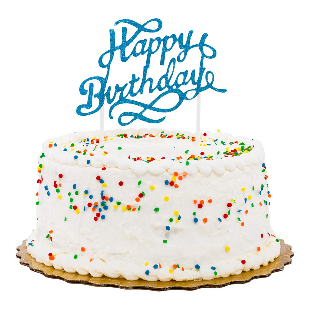 Restaurantware 6x6 Inch Happy Birthday Cake Toppers - Set of 10 Glitter Blue Paper Cake Decorations for Birthdays, Baby Showers & Weddings | Durable Cake Topper Inserts for Professional Baking & Party Decor