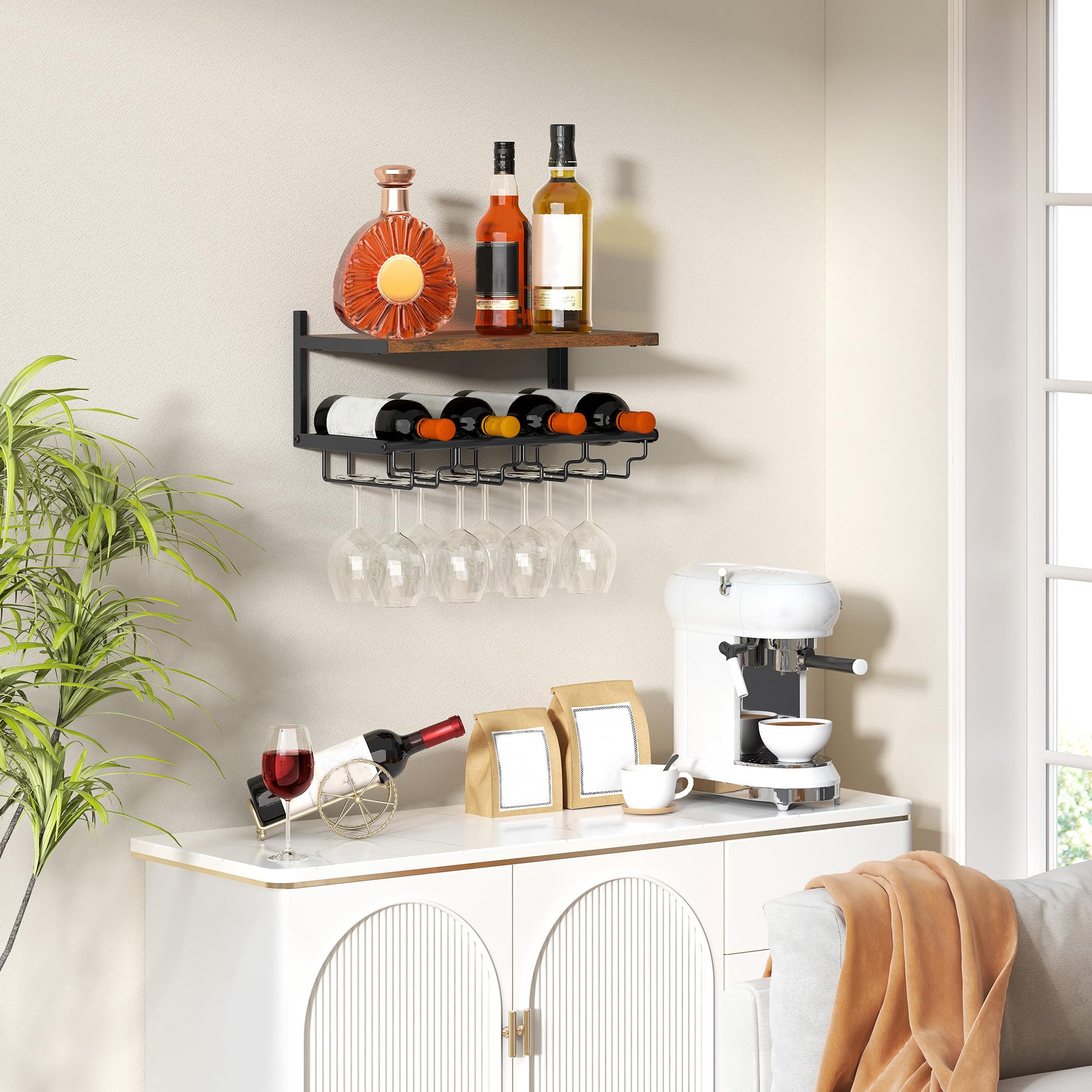 2-Tier Wall Mounted Wine Rack with Bottle Holder & Glass Storage - Rustic Bar Shelves for Liquor Display - Space-Saving Hanging Wine Rack for Home Bar, Kitchen, Dining Room & Wine Cellar Organization