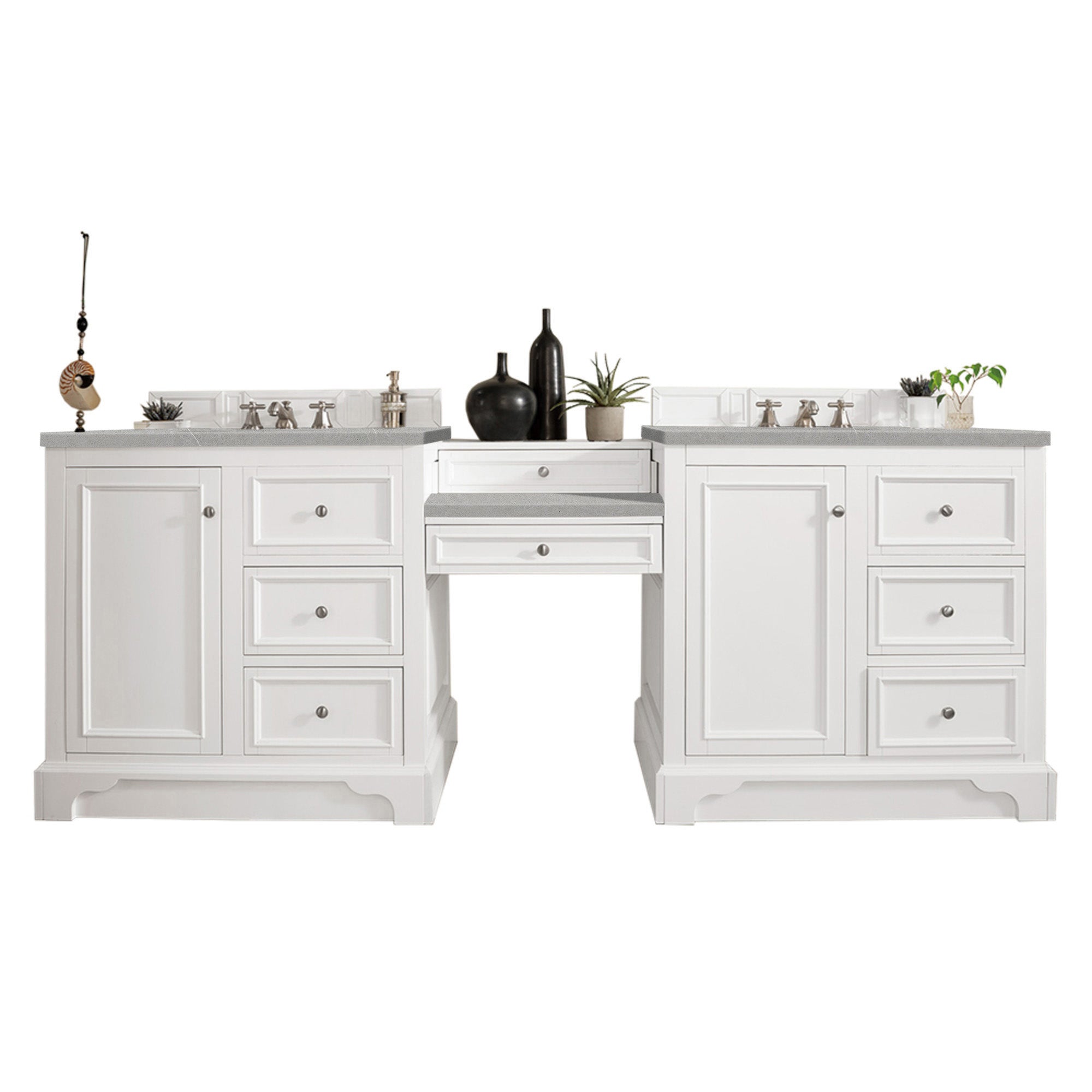 De Soto 94 Inch Double Vanity Set with Makeup Table - Bright White Bathroom Vanity with 3CM Eternal Serena Quartz Countertop for Master Bathroom & Dressing Room