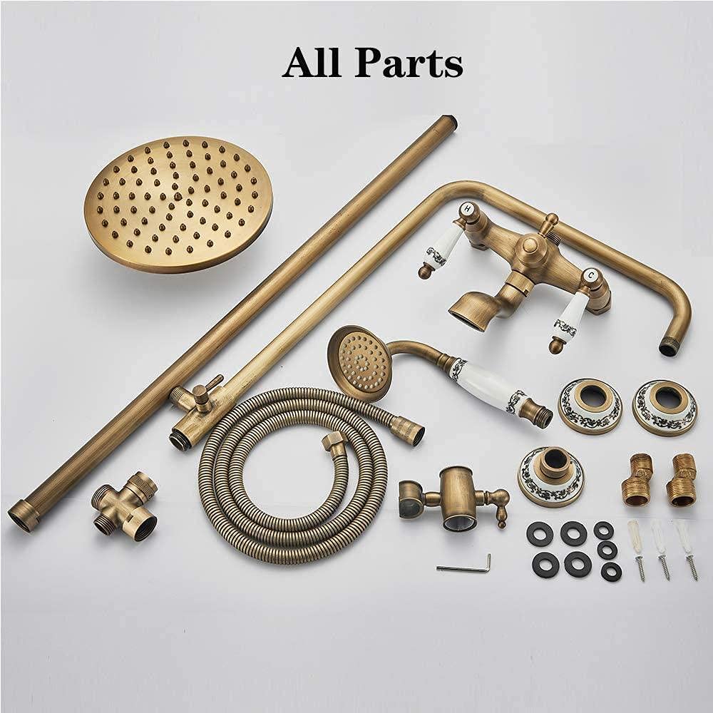 Antique Brass Shower Tap System - 8 Inch Rainfall Shower Head with Ceramic Hand Shower & Tub Spout, Wall Mounted Bathroom Fixture Set with Double Ceramic Handles | Perfect for Modern & Vintage Bathroom Renovations