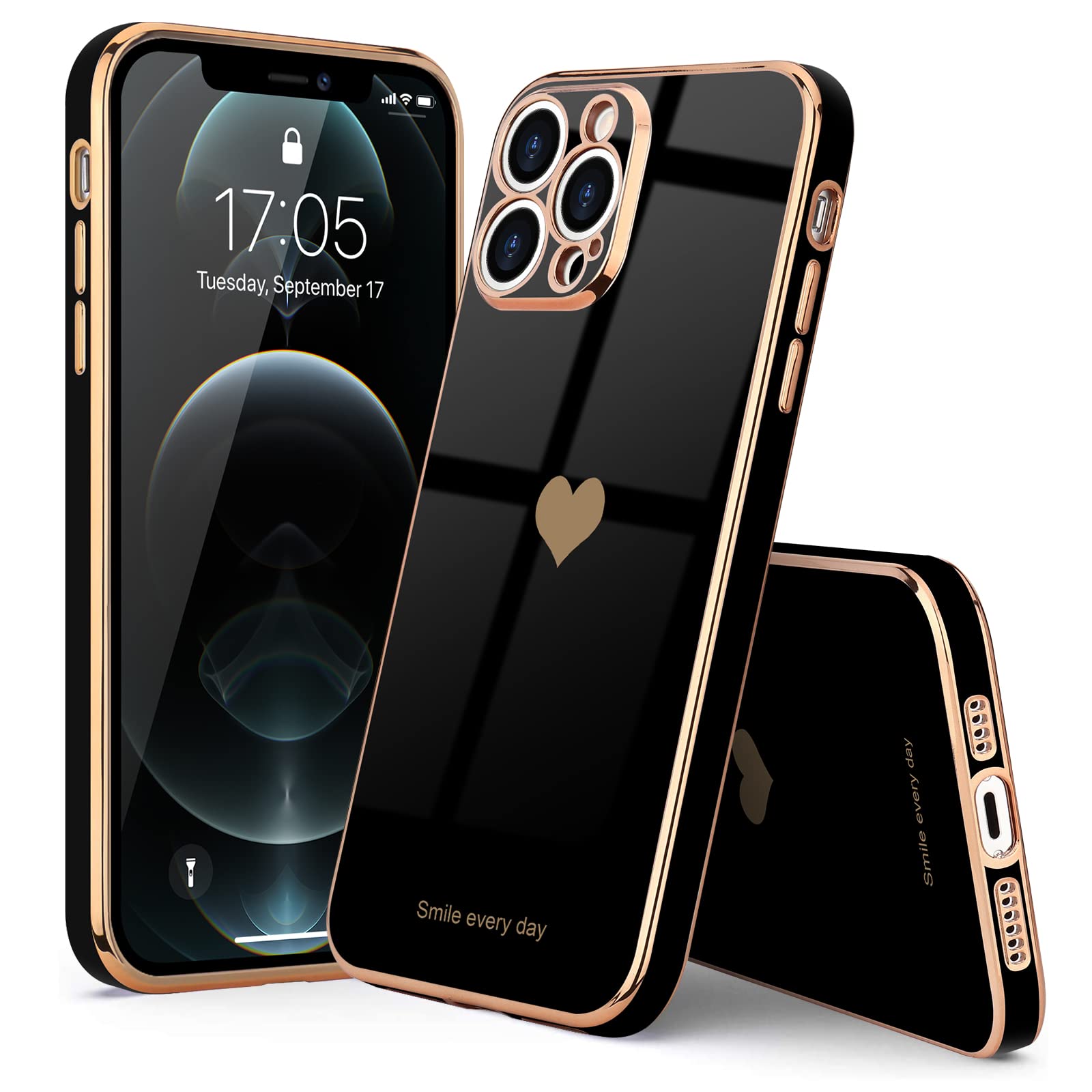 Teageo Luxury Bling Plating iPhone 12 Pro Case - Cute Love Heart Design, Soft Silicone Shockproof Cover with Raised Camera Protection for Women & Girls (Black) - Perfect for Daily Use, Parties & Gift Giving