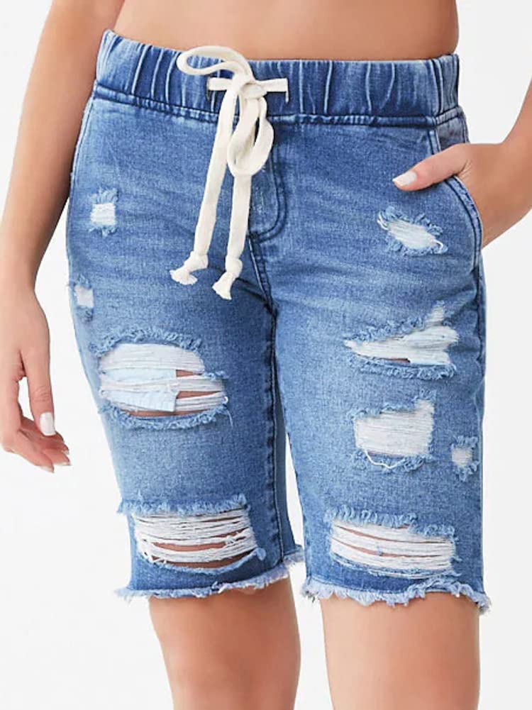 Atditama Women's Mid Rise Ripped Stretchy Bermuda Jean Shorts - Frayed Raw Hem Denim Shorts for Casual Wear | Perfect for Summer Outfits, Beach Vacations & Street Style Fashion