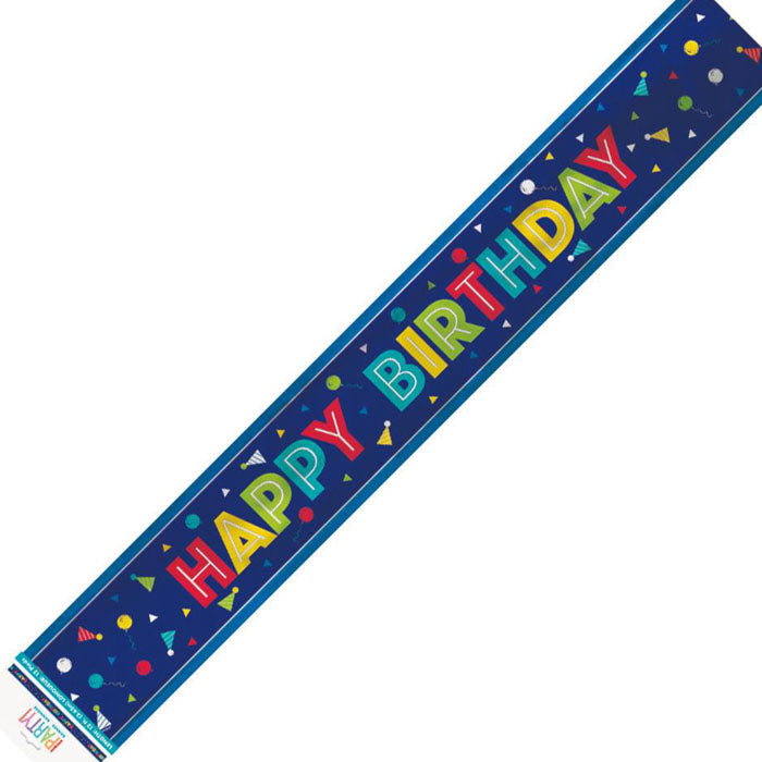 Blue Happy Birthday Banner with Colorful Party Hats & Balloons - Perfect for Birthday Parties, Baby Showers & Celebrations