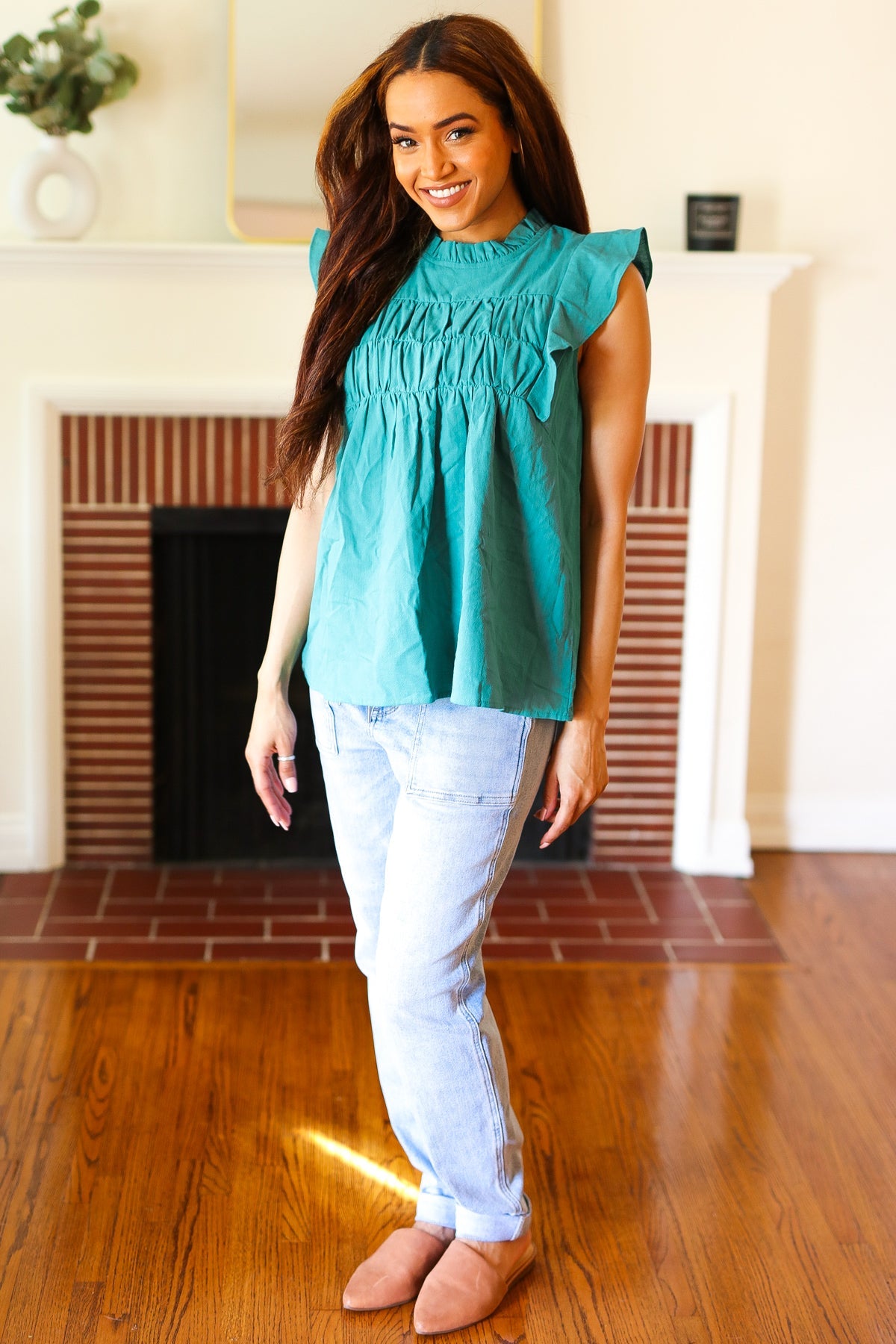 Stylish Turquoise Cotton Mock Neck Flutter Sleeve Blouse with Frill Details - Perfect for Date Nights, Office Wear & Summer Outfits
