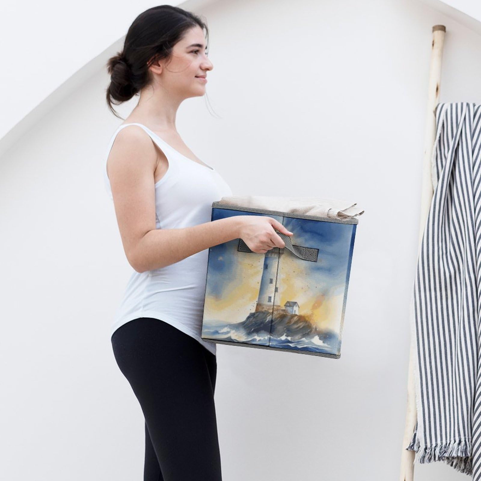 Collapsible Storage Bins with Handles - Printed Lighthouse Design for Home Organization