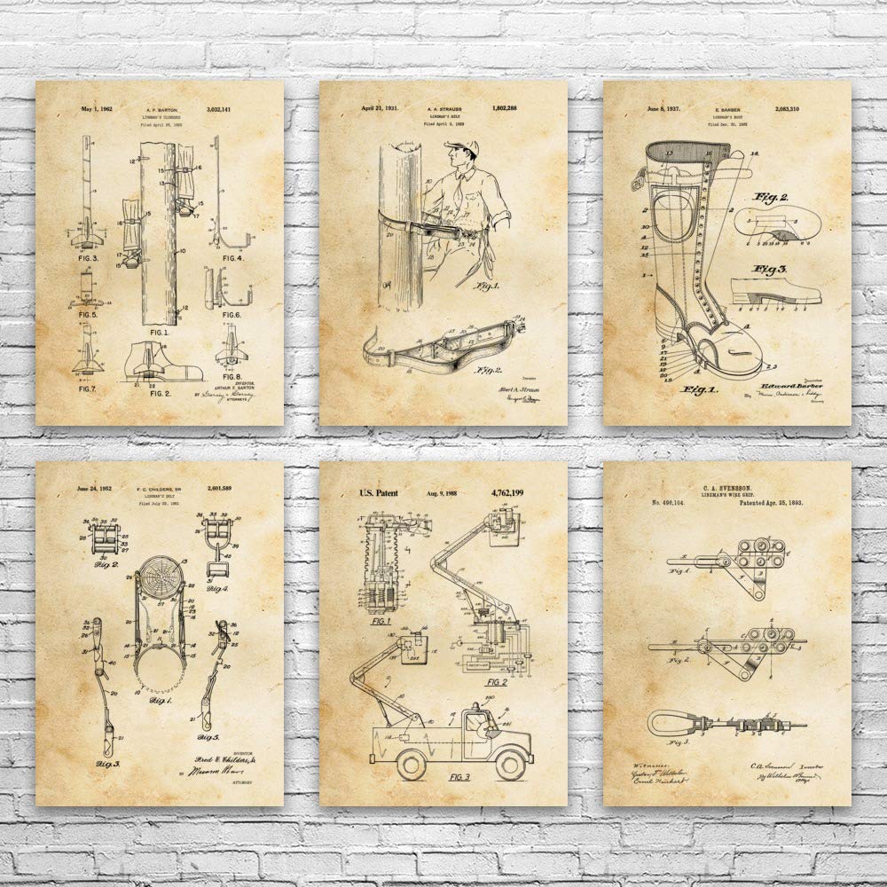 Lineman Gear Posters Set of 6 - Vintage Lineworker & Powerline Technician Wall Art (20x30 Inch) - Perfect Gift for Electrical Engineers, Contractors & Utility Workers - Ideal for Office Decor, Workshop Walls & Trade School Classrooms