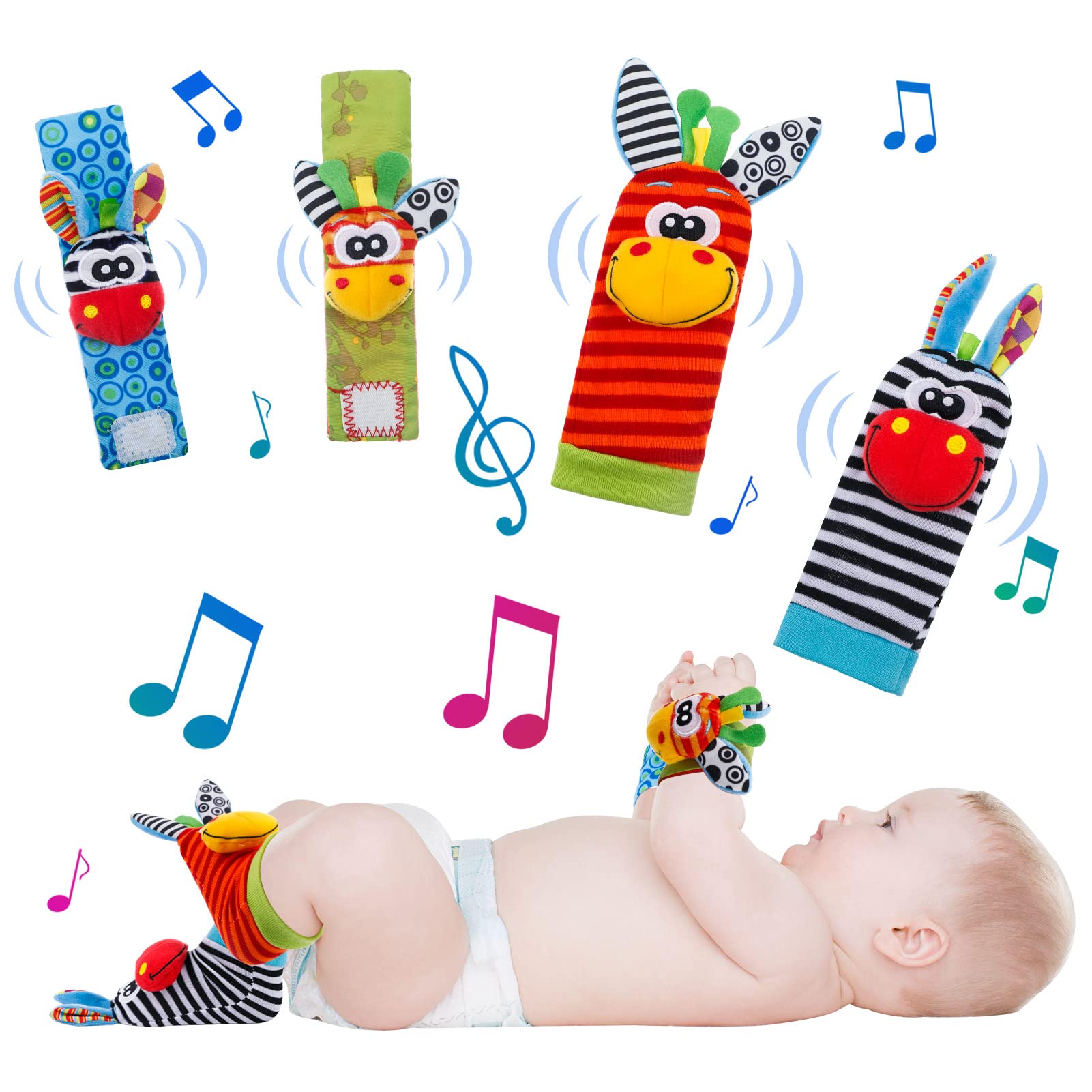 AhlsenL 4 Pcs Baby Wrist Rattles Socks Toys - Soft Animal Bell Strap Sensory Toys for Newborns 0-9 Months | Developmental Infant Toys with Wristband Rattles & Foot Finder | Perfect Baby Shower Gift for Sensory Stimulation & Early Learning Playtime