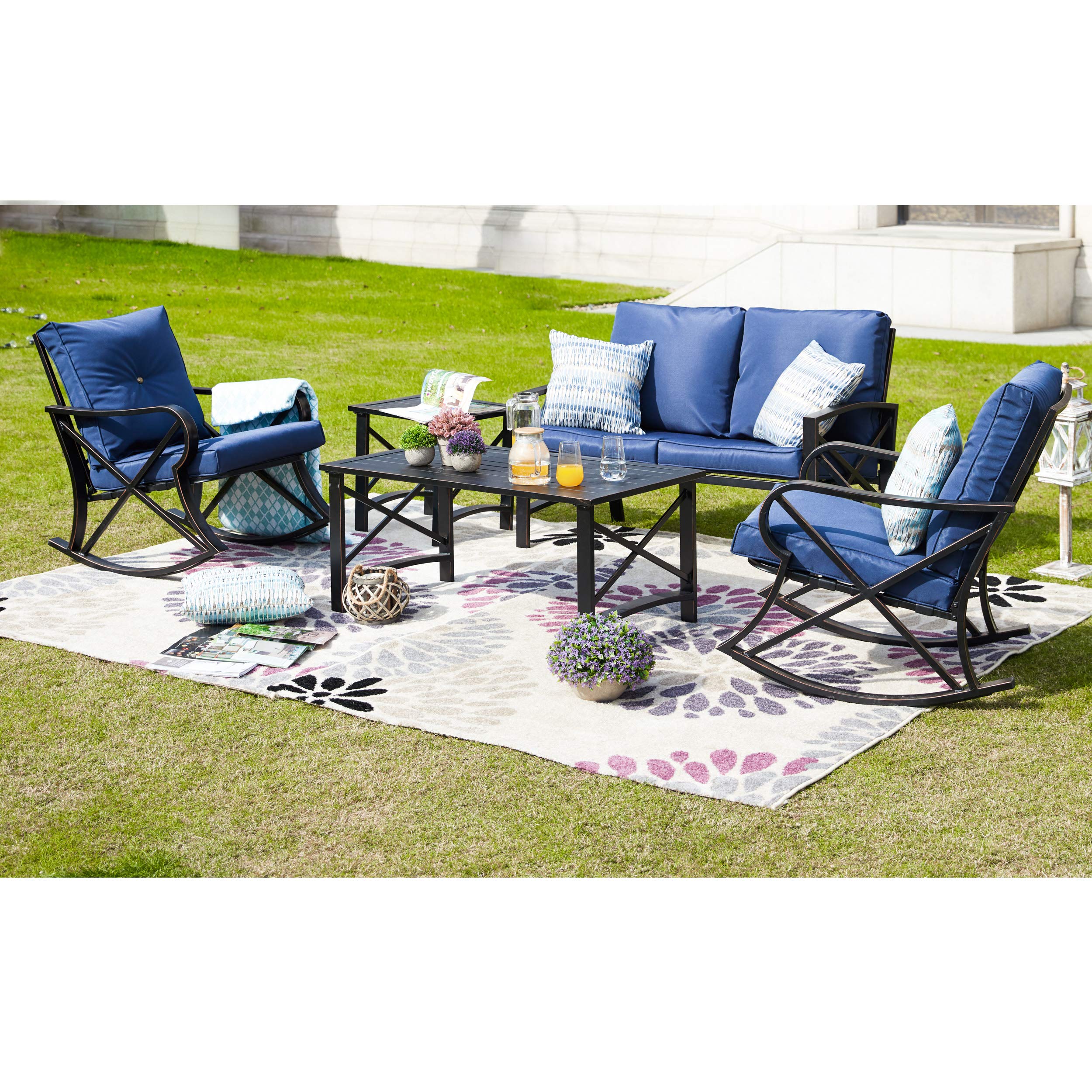LOKATSE HOME 5-Piece Patio Furniture Set - Blue Bistro Loveseat, 2 Coffee Tables & 5 Chairs for Outdoor Conversation | Perfect for Garden, Backyard, Poolside & Balcony Relaxation