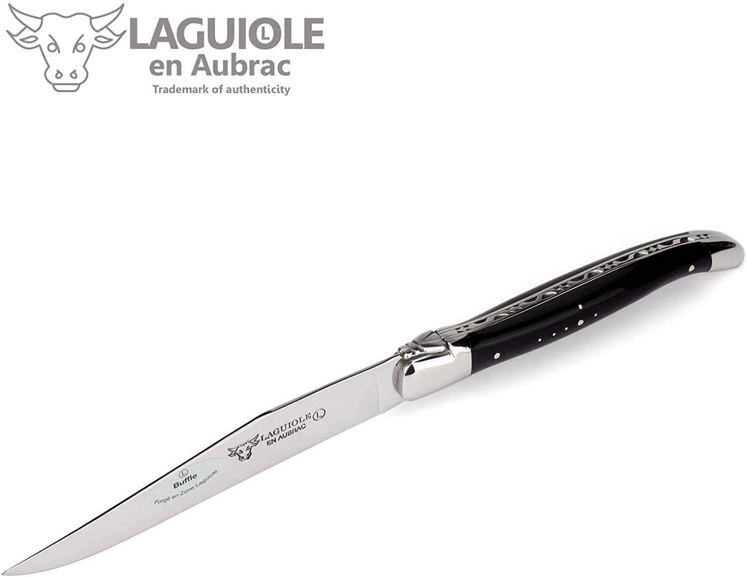 Laguiole en Aubrac Luxury Forged Full Tang Stainless Steel Steak Knives Set - 2 Piece with Buffalo Horn Handle & Polished Bolsters - Perfect for Fine Dining, Steakhouse Experience & Gourmet Gift Giving