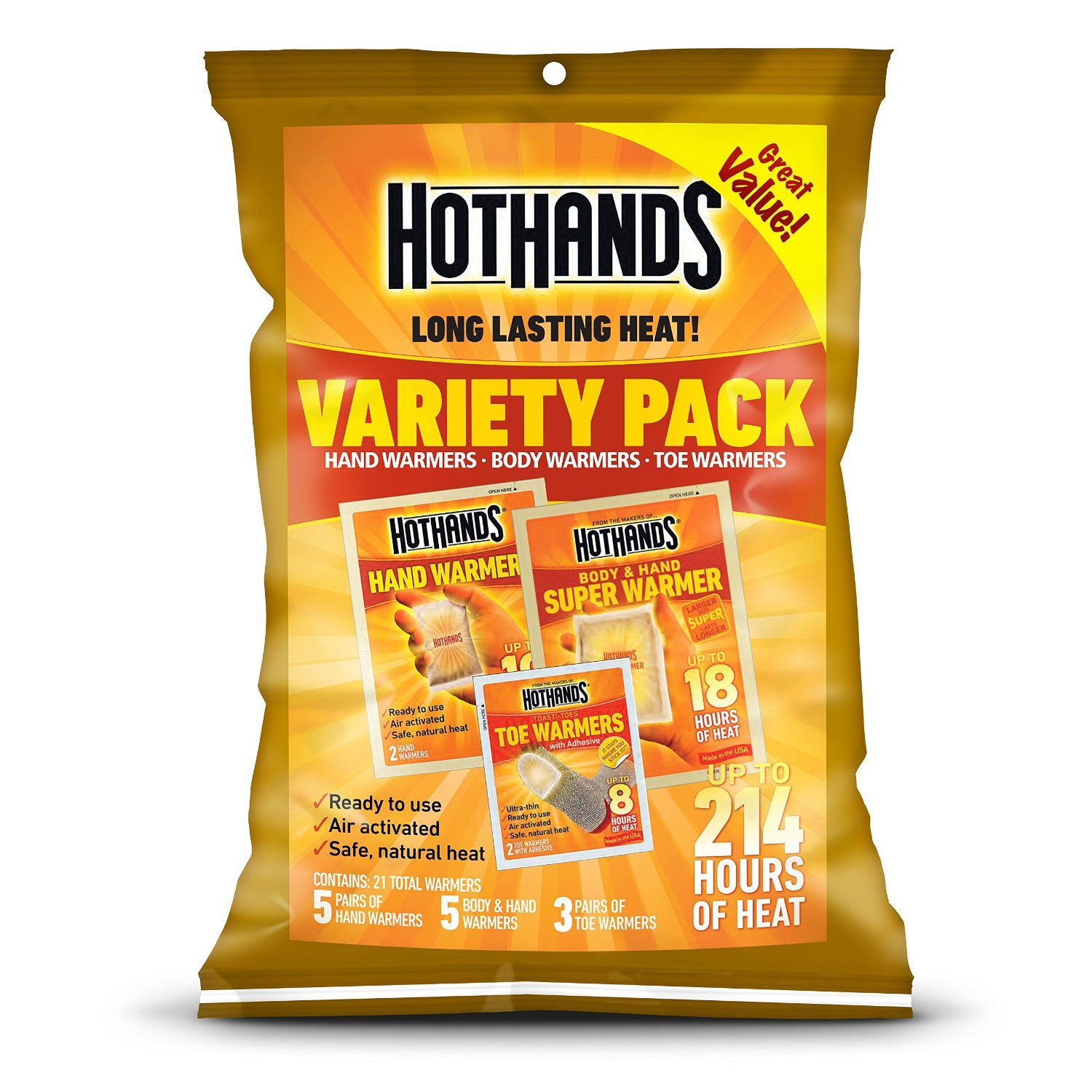 Hothands Heatmax Hand & Body Warmers Variety Pack - 10 Packs (5 Hand Warmers, 3 Toe Warmers, 5 Body Warmers) for Outdoor Activities, Hunting, Camping & Winter Sports