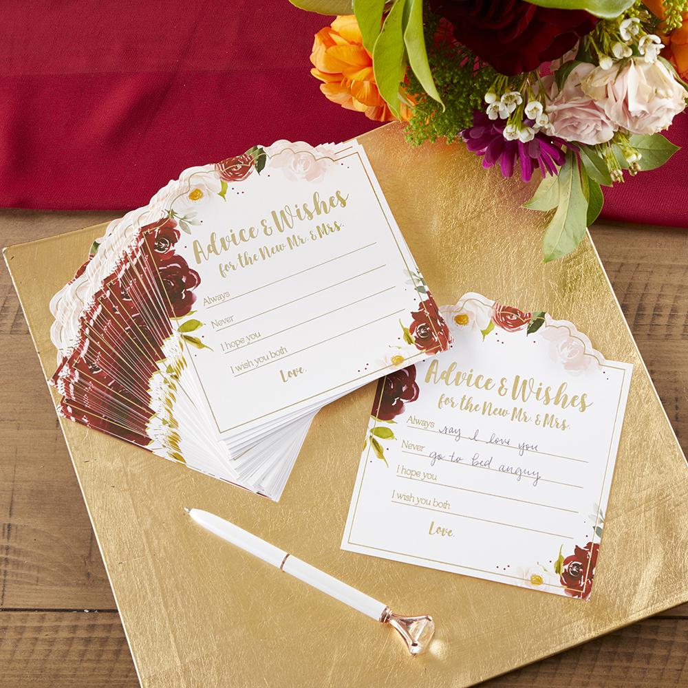 50 Burgundy Blush Floral Wedding Advice Cards - Elegant Guest Book Alternative for Bridal Showers, Receptions & Anniversary Celebrations