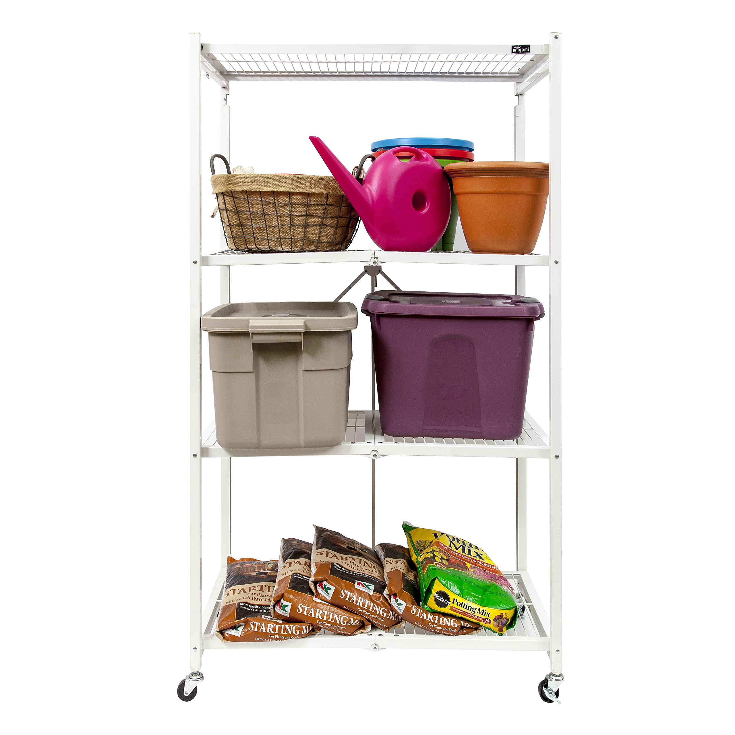 4-Tier Heavy Duty Folding Storage Shelf with Wheels - White Origami Style Organizer for Home, Office, Garage & Closet Organization