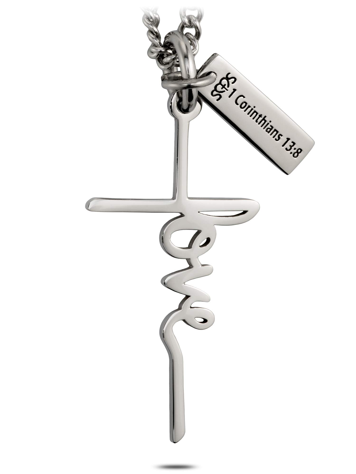 Shields of Strength Women's Girls Stainless Steel Love Cross Necklace with 1 Corinthians 13:8 Bible Verse - Christian Religious Jewelry Gift for Faith, Baptism & Daily Inspiration