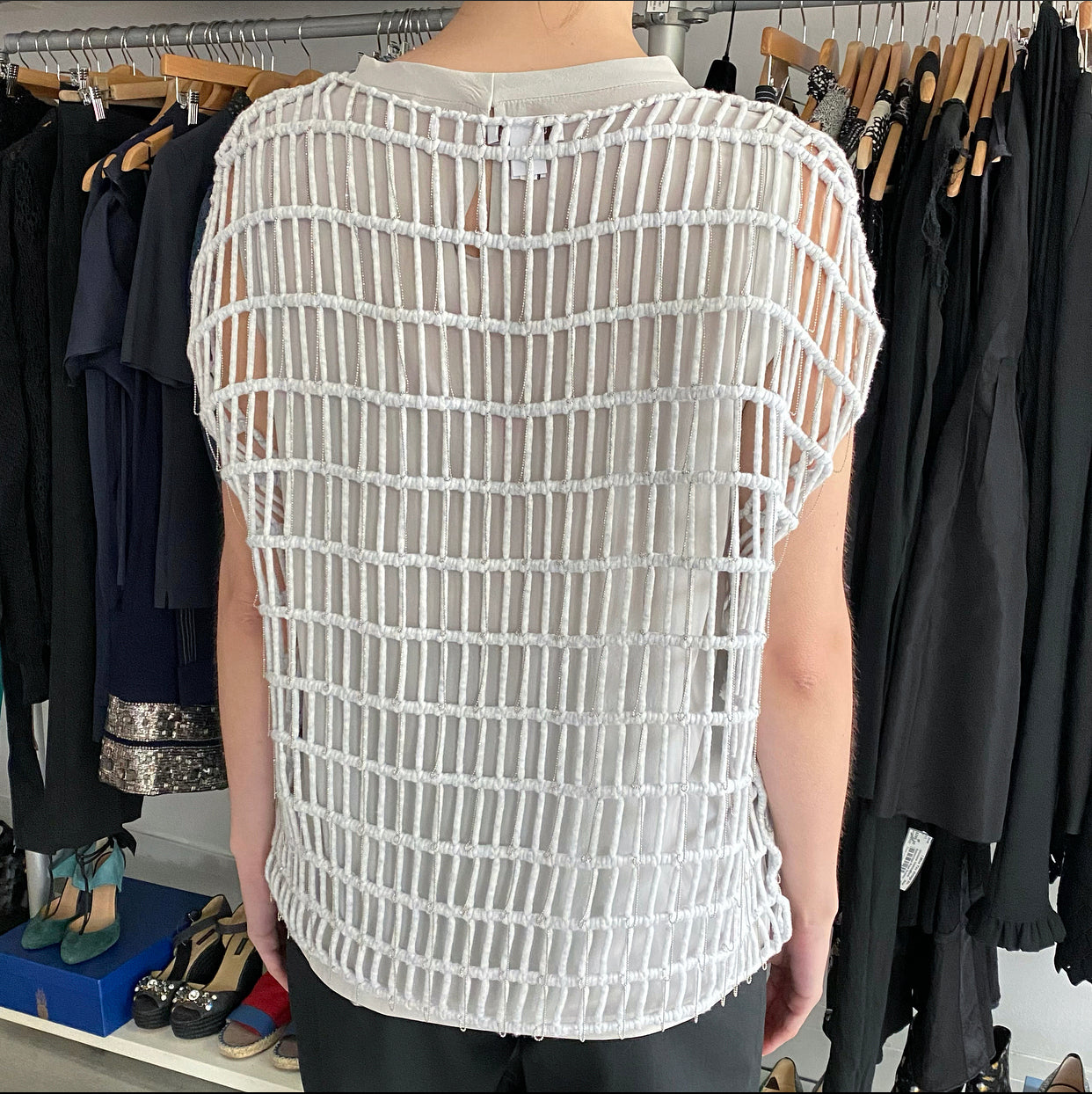 Brunello Cucinelli Dove Grey Caged Knit Chain Top Women's Size L (8/10) - Elegant Casual Wear for Office & Evening Outfits